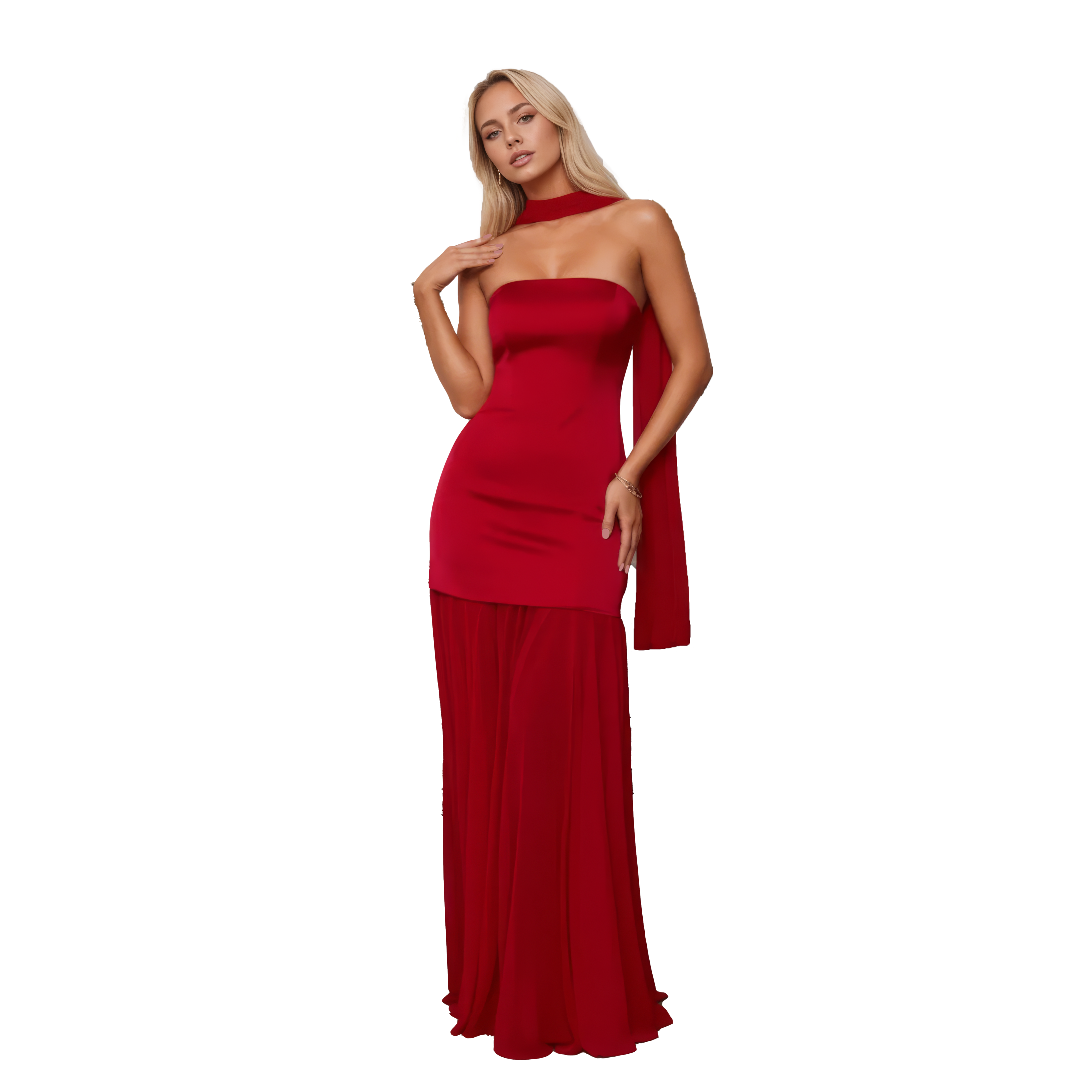 Strapless Satin Bodice & Chiffon Maxi Dress