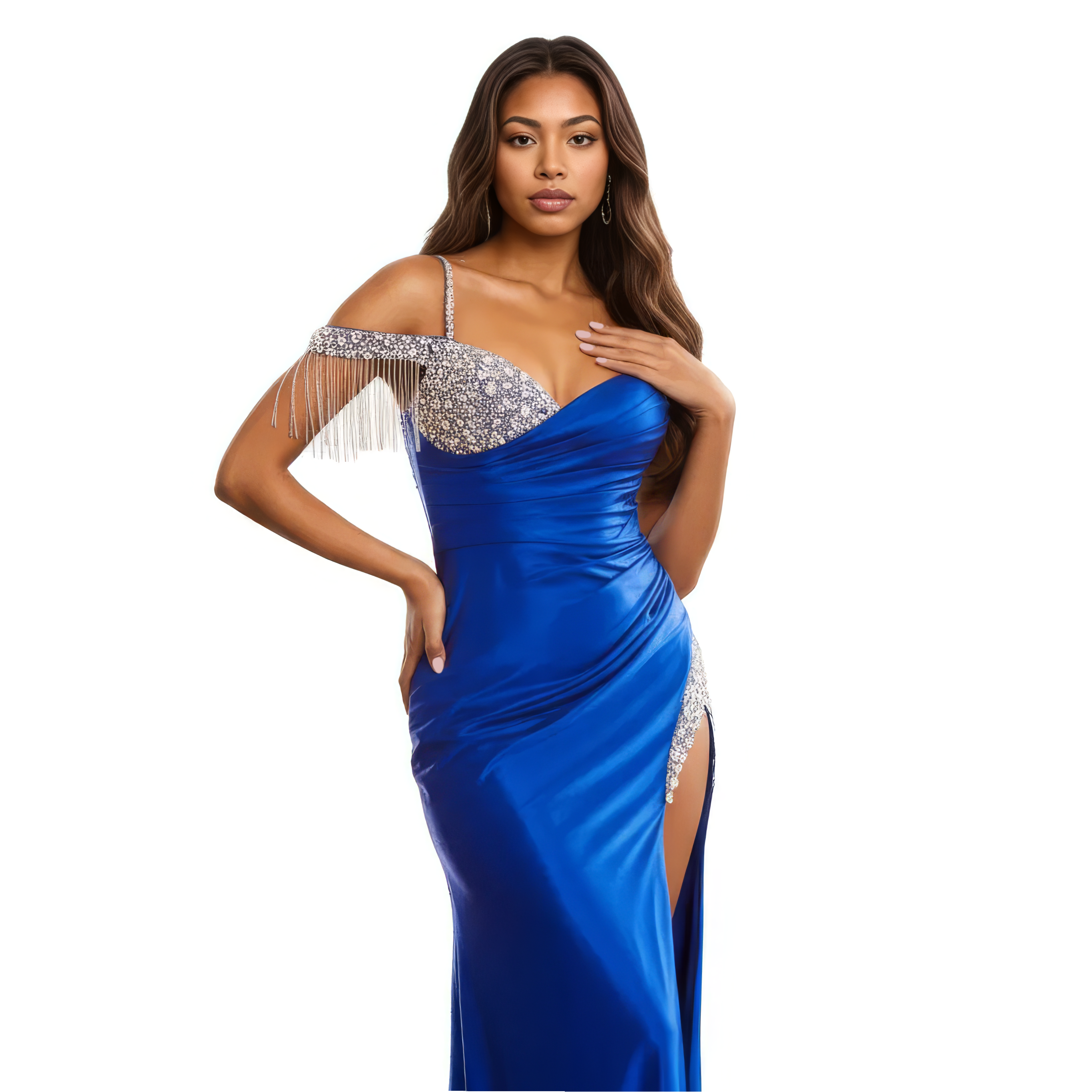 Asymmetrical Off Shoulder Maxi Dress with Embellished Sleeve