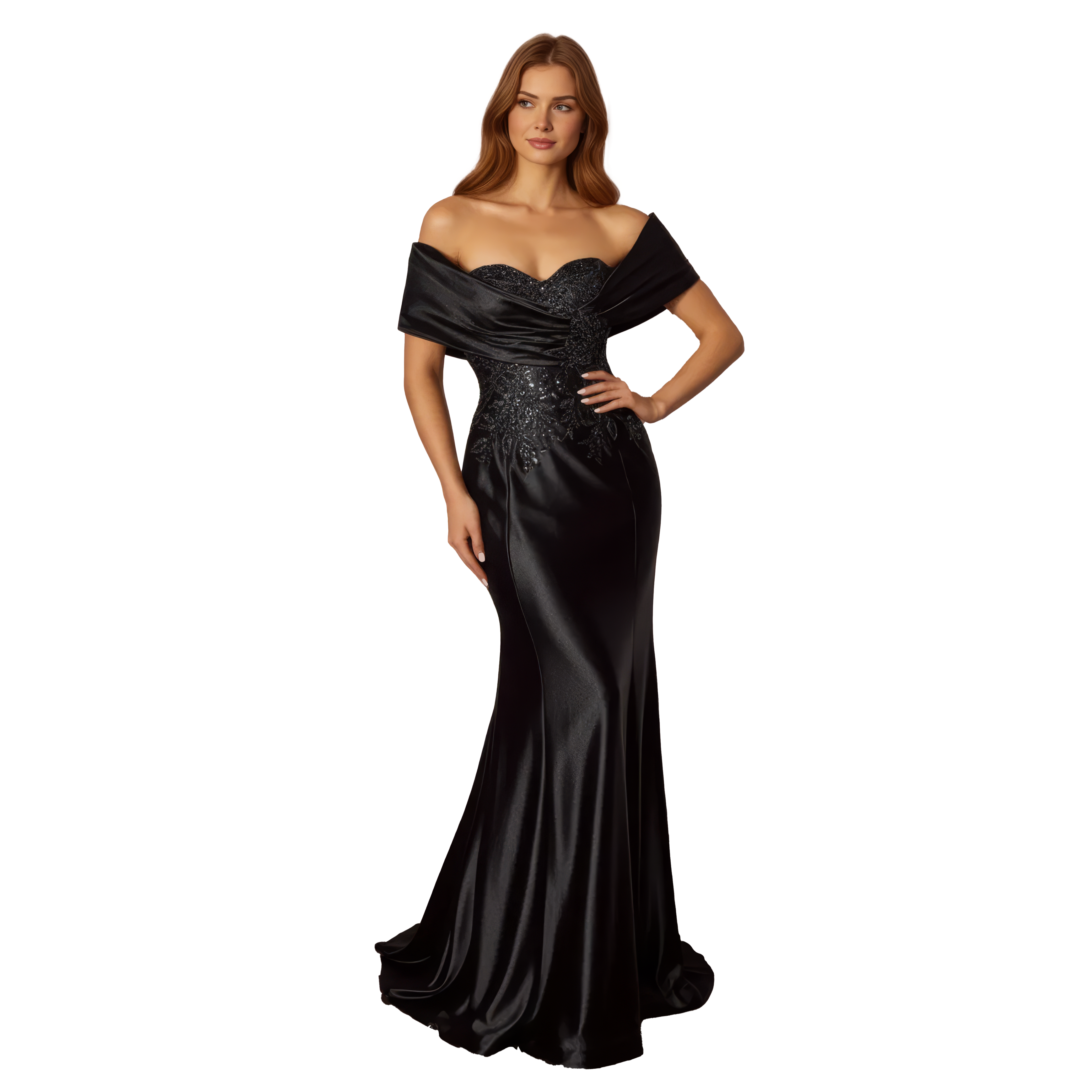 Satin Off the Shoulder Fitted Dress with Lace Applique