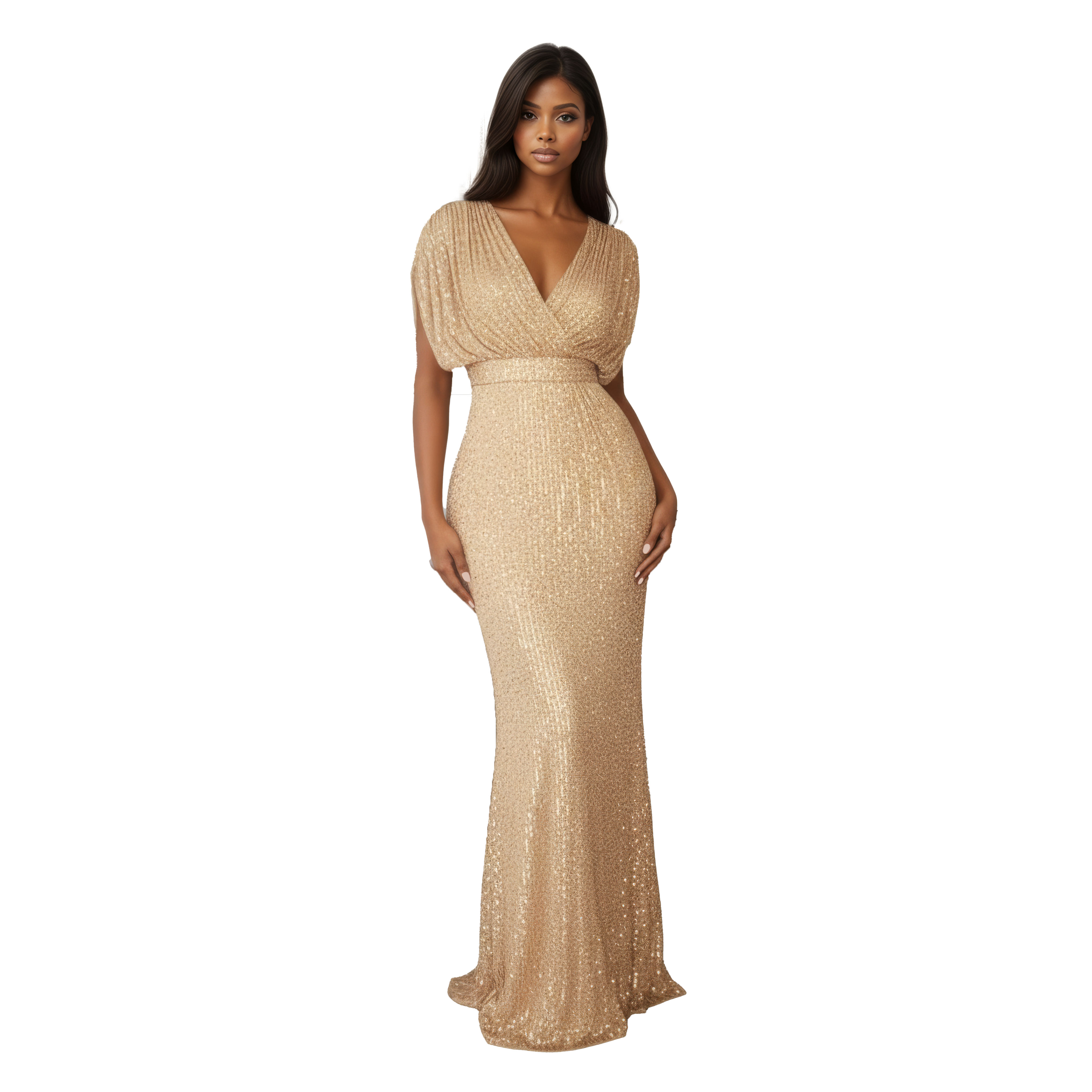Draped Shoulder Sequin Maxi Dress