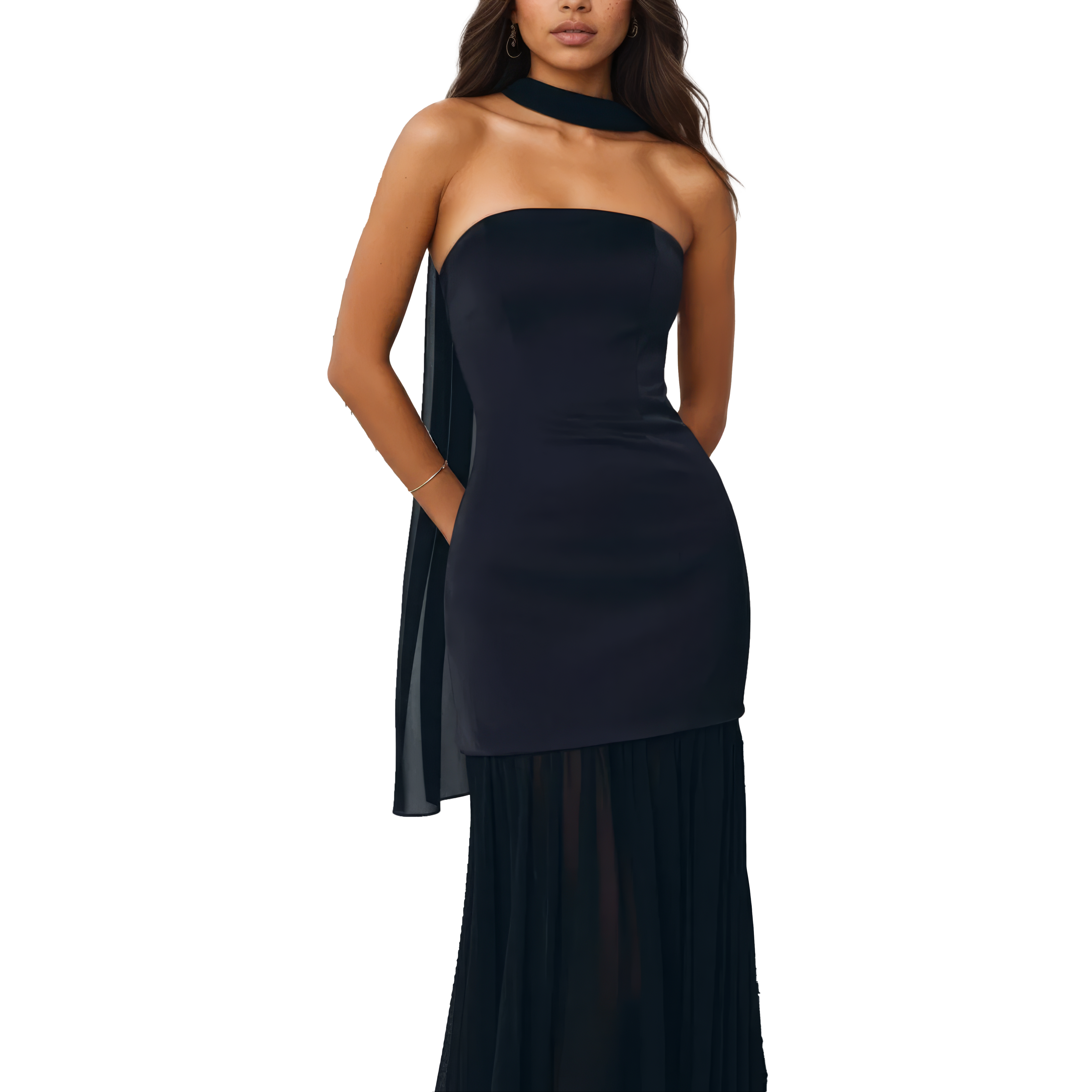 Strapless Satin Bodice & Chiffon Maxi Dress