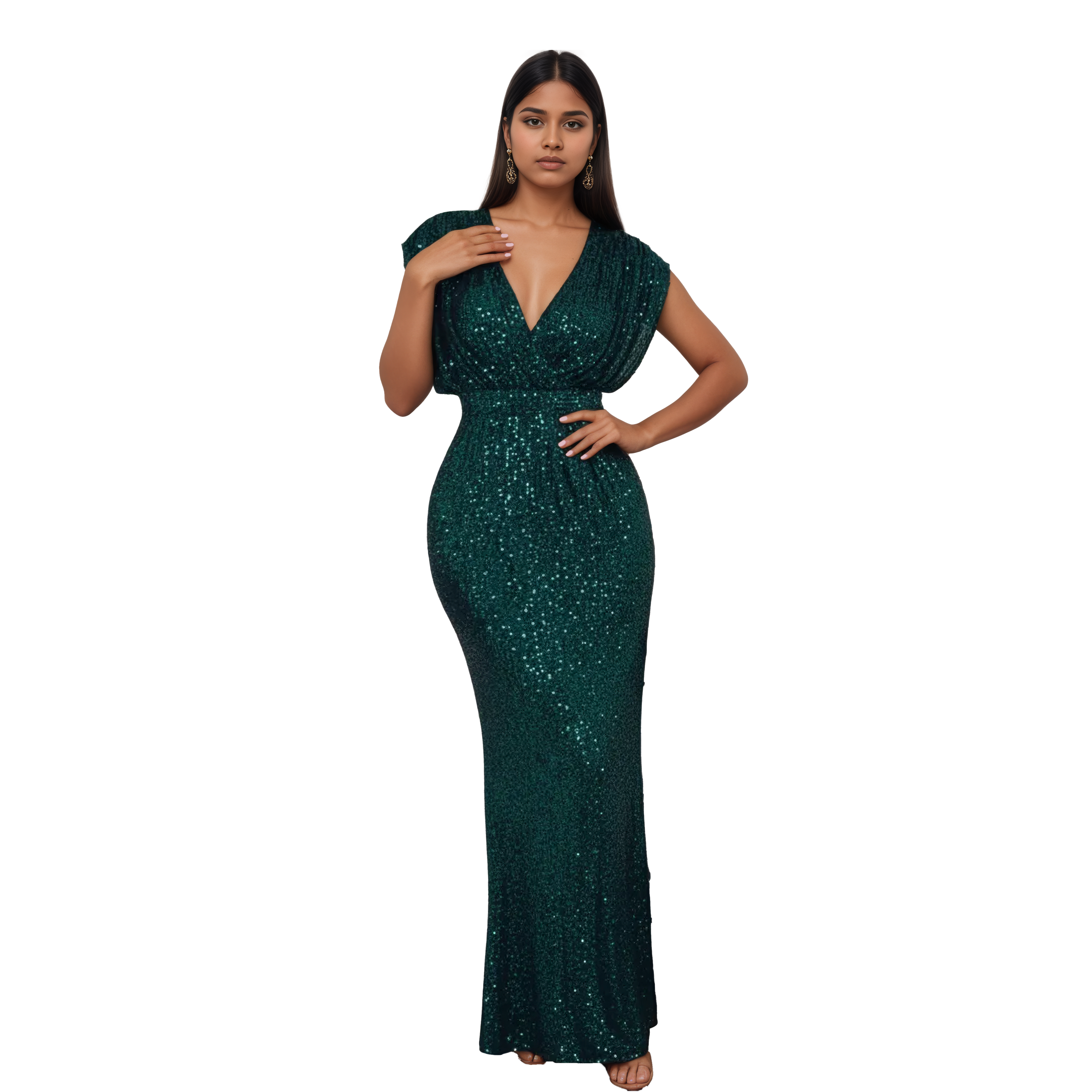 Draped Shoulder Sequin Maxi Dress
