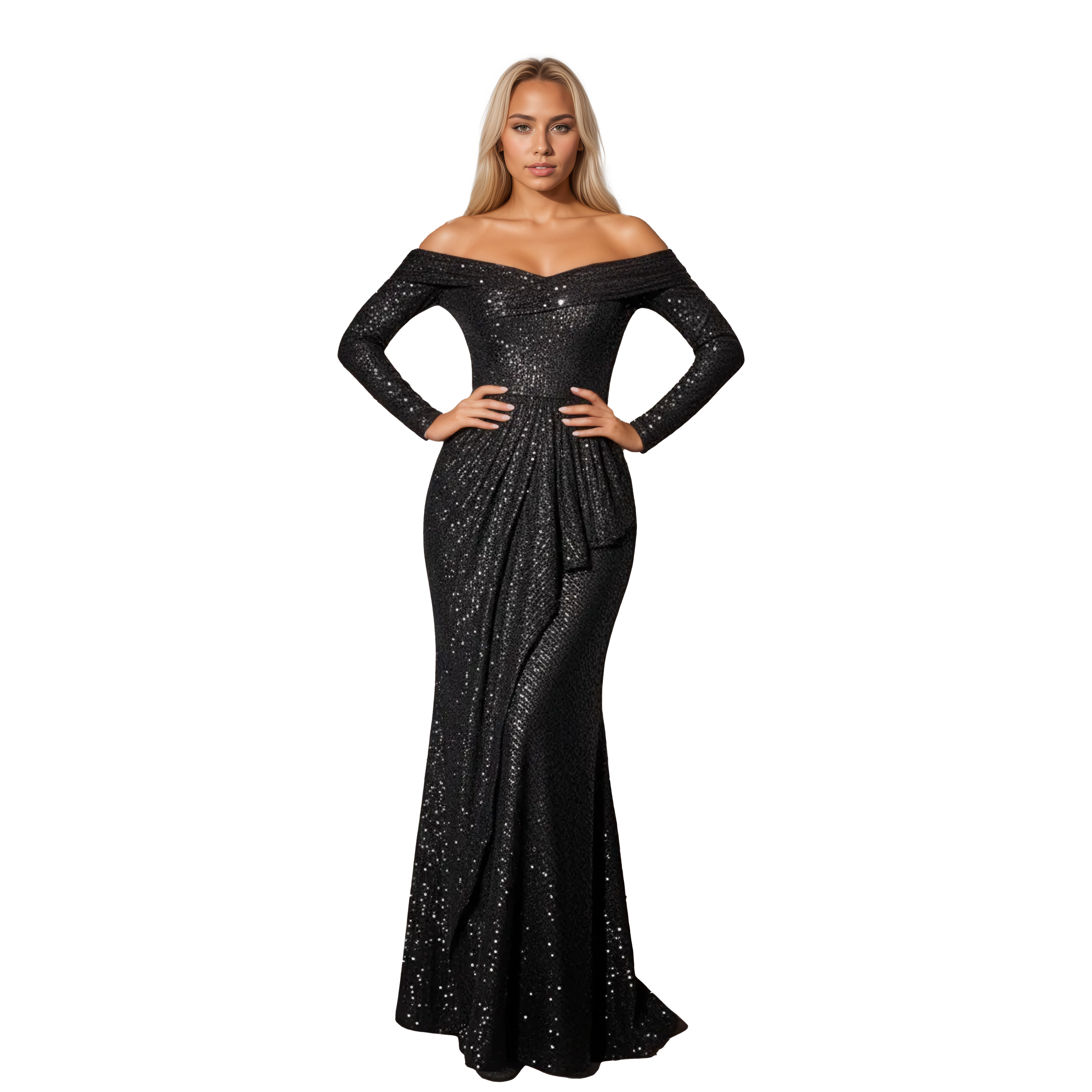 Off Shoulder Sequin Long Sleeve Maxi Dress with Draped Waist
