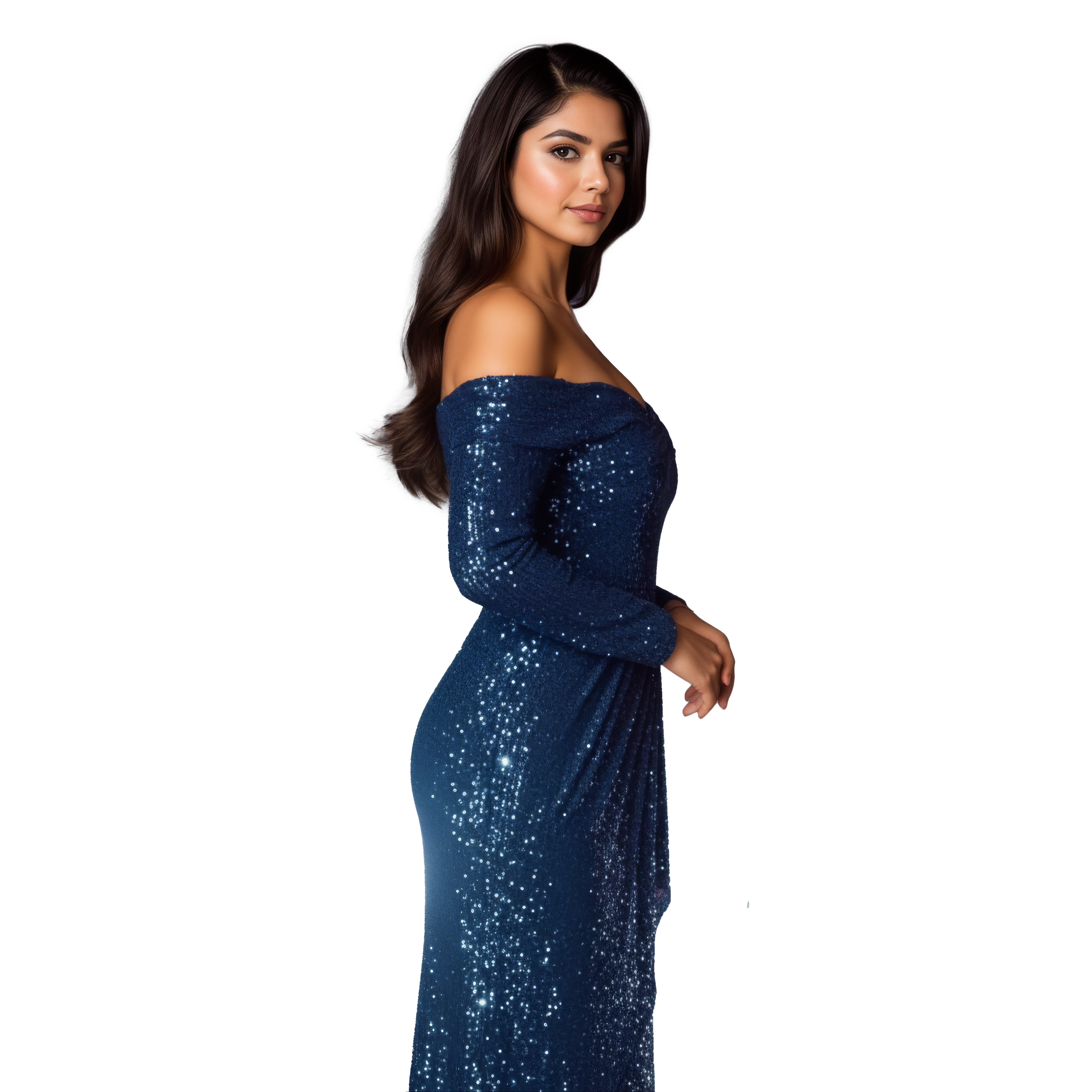 Off Shoulder Sequin Long Sleeve Maxi Dress with Draped Waist