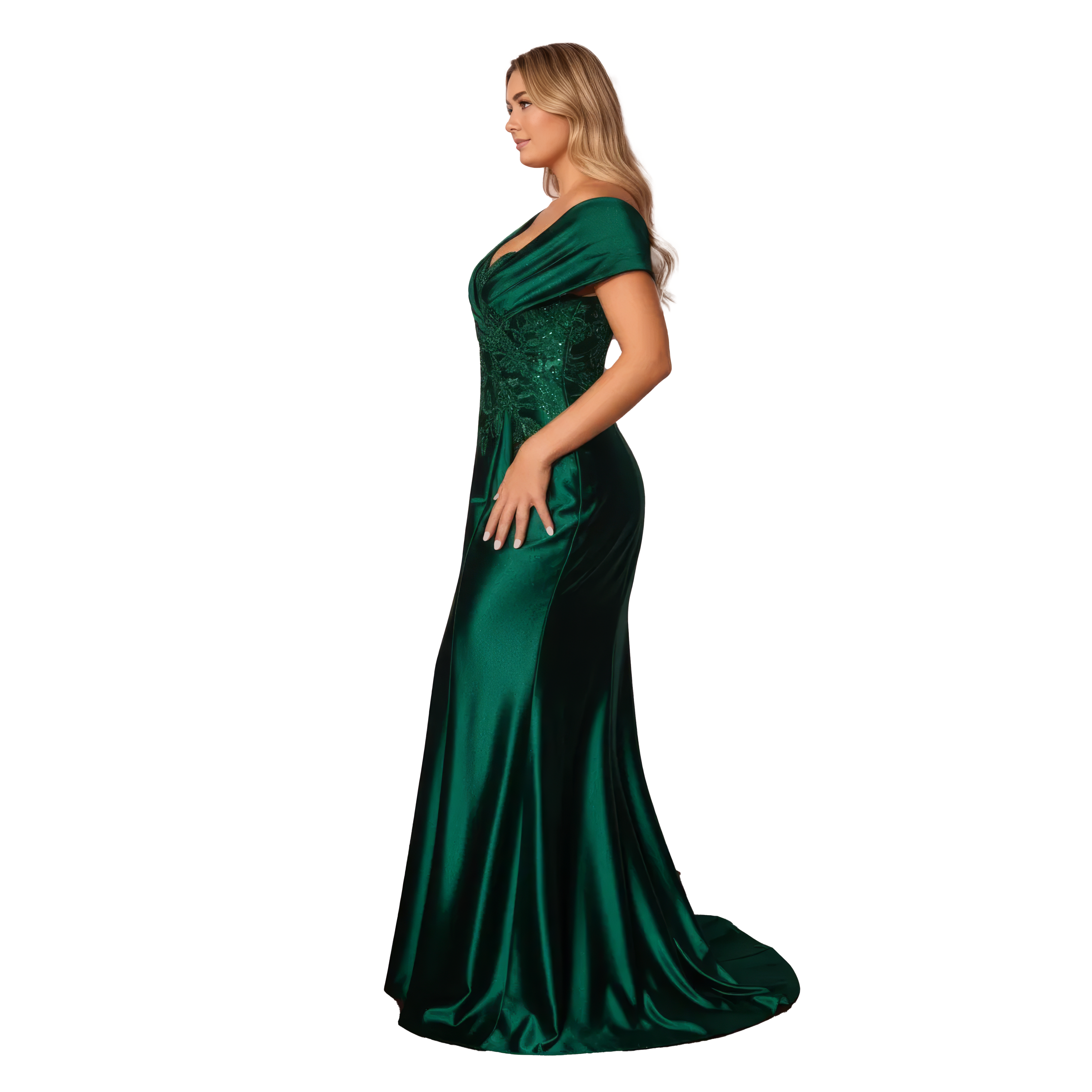 Satin Off the Shoulder Fitted Dress with Lace Applique