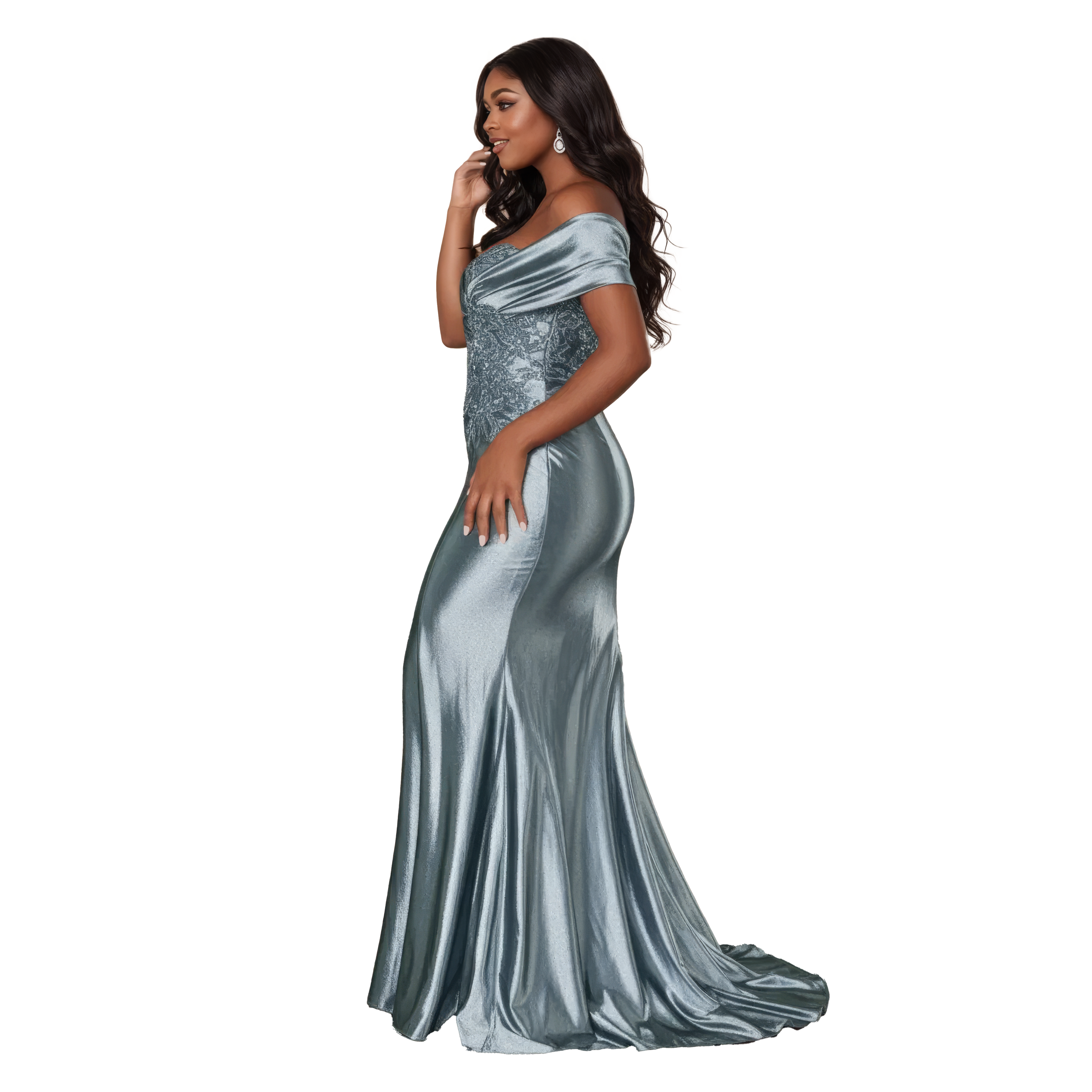 Satin Off the Shoulder Fitted Dress with Lace Applique