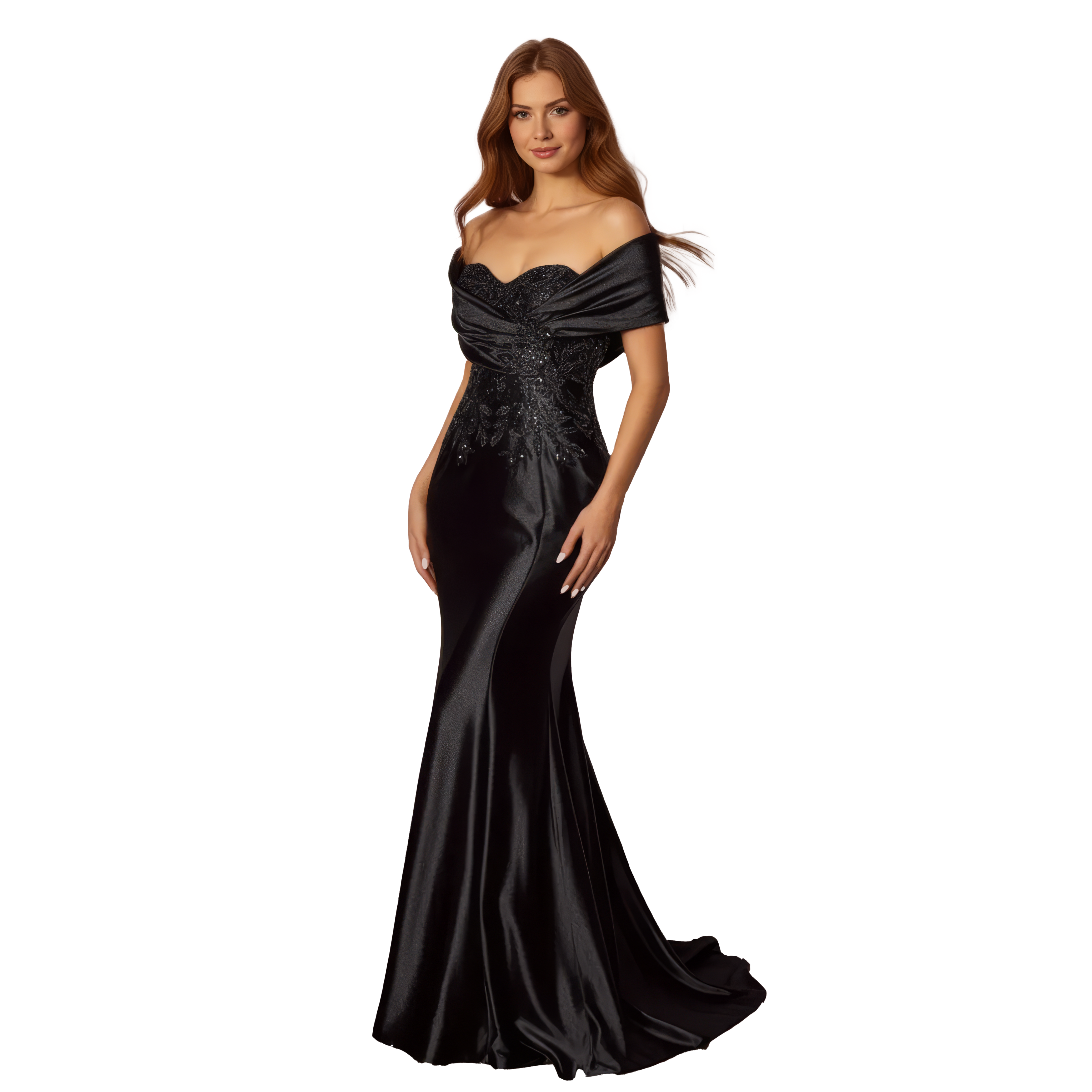Satin Off the Shoulder Fitted Dress with Lace Applique