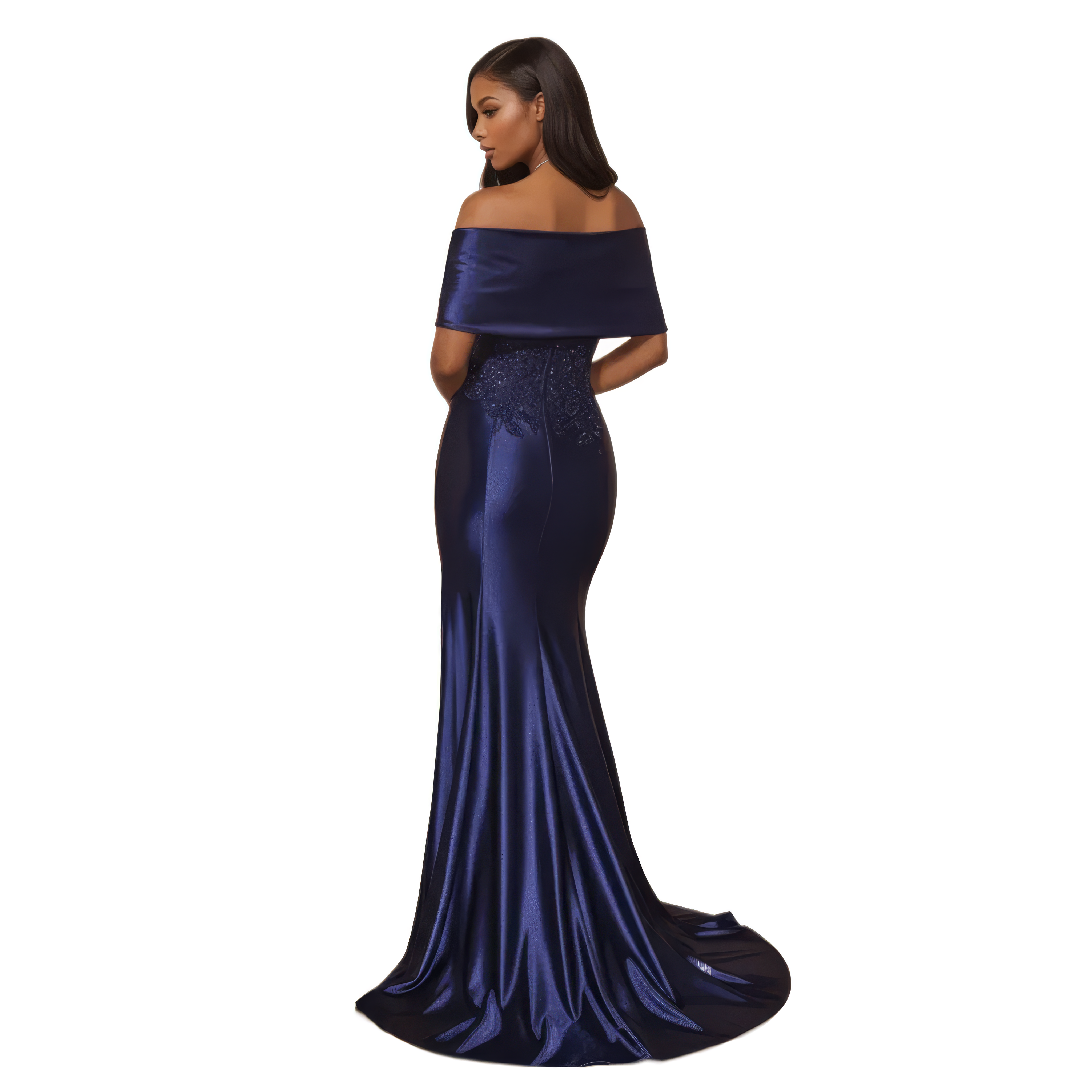 Satin Off the Shoulder Fitted Dress with Lace Applique