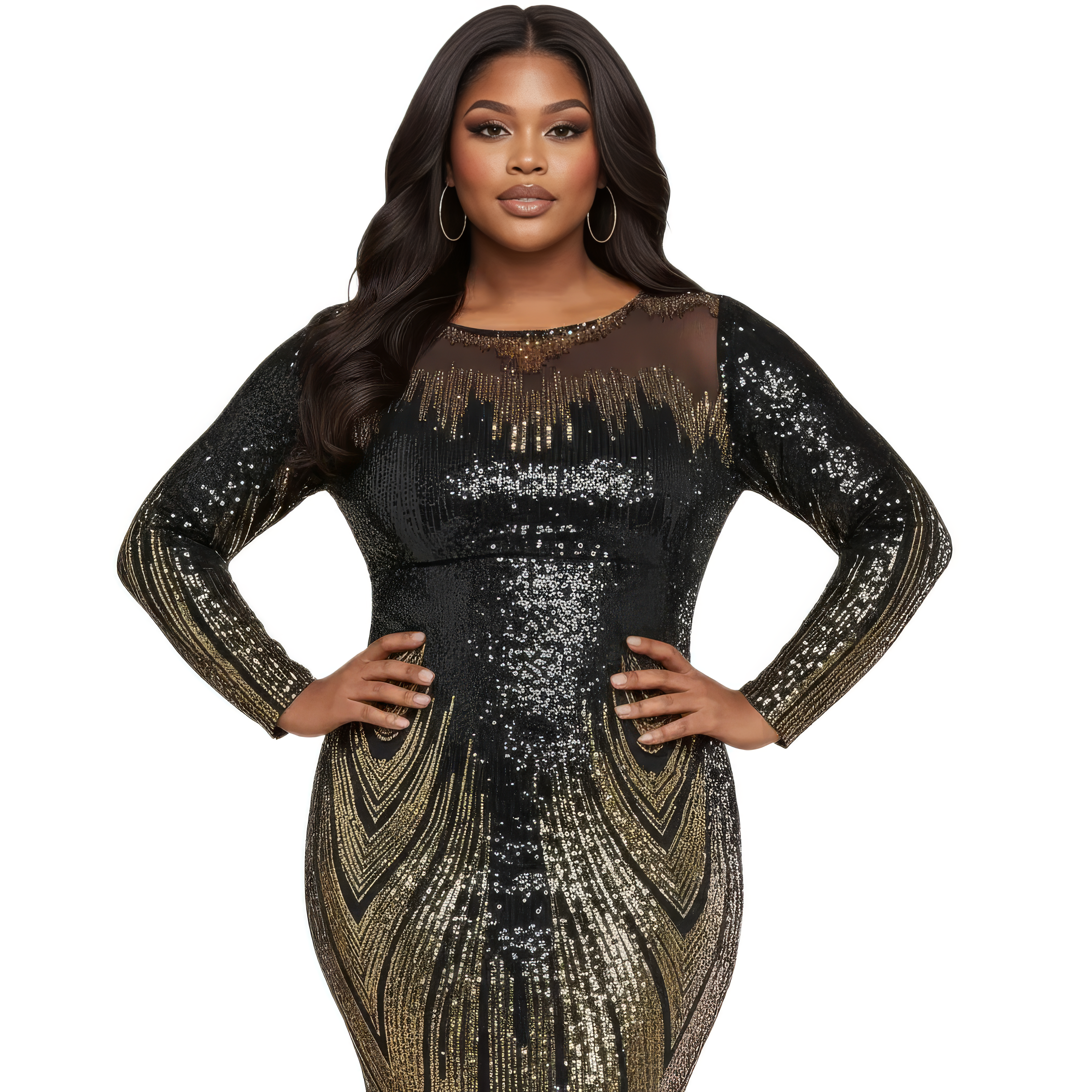Long Sleeves Plus Size Maxi Sequin Column Dress