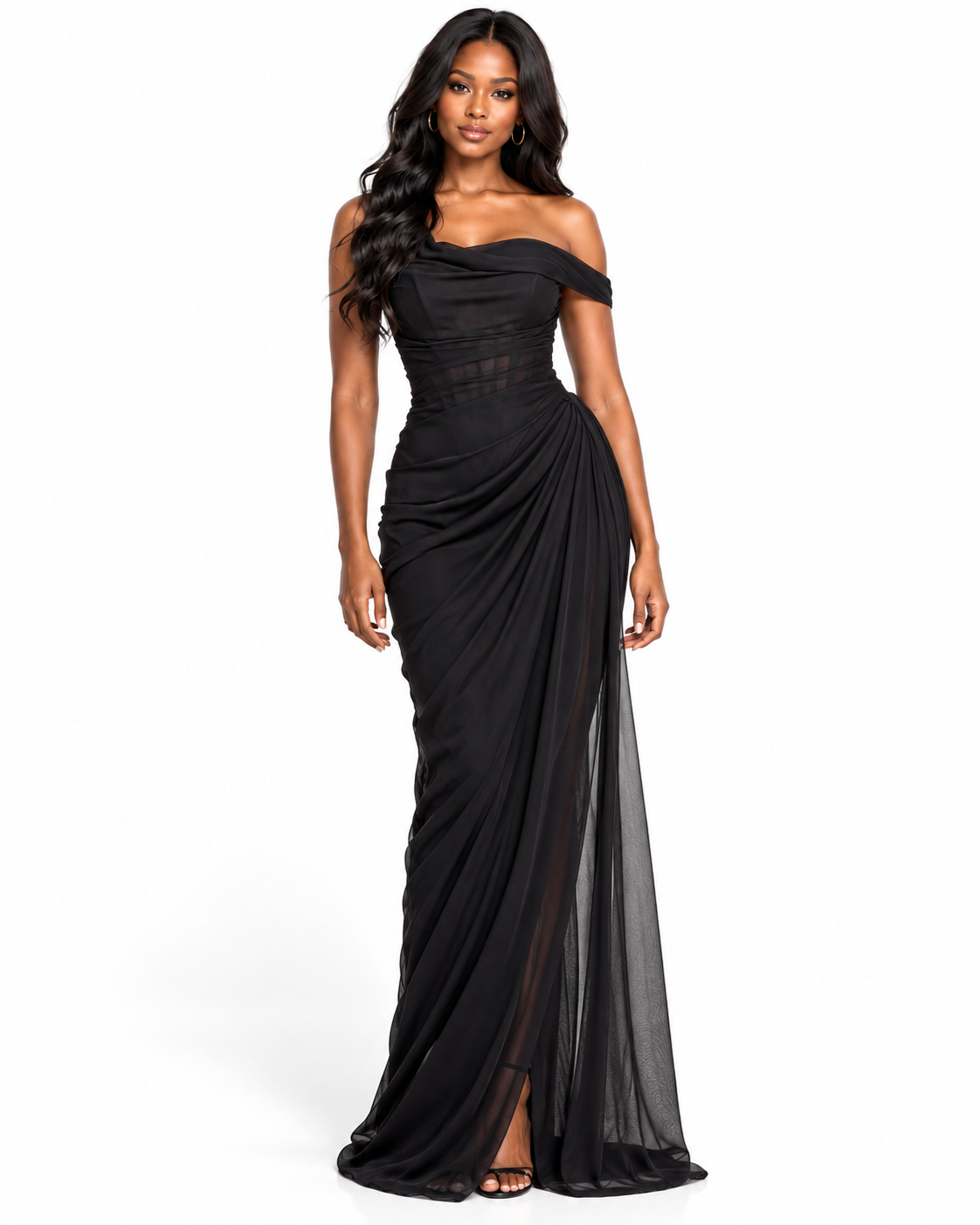 Off-the-Shoulder Draped Neckline Ruched Gown