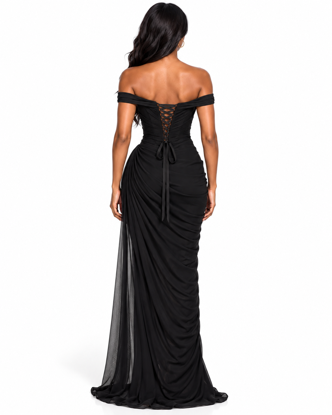 Off-the-Shoulder Draped Neckline Ruched Gown