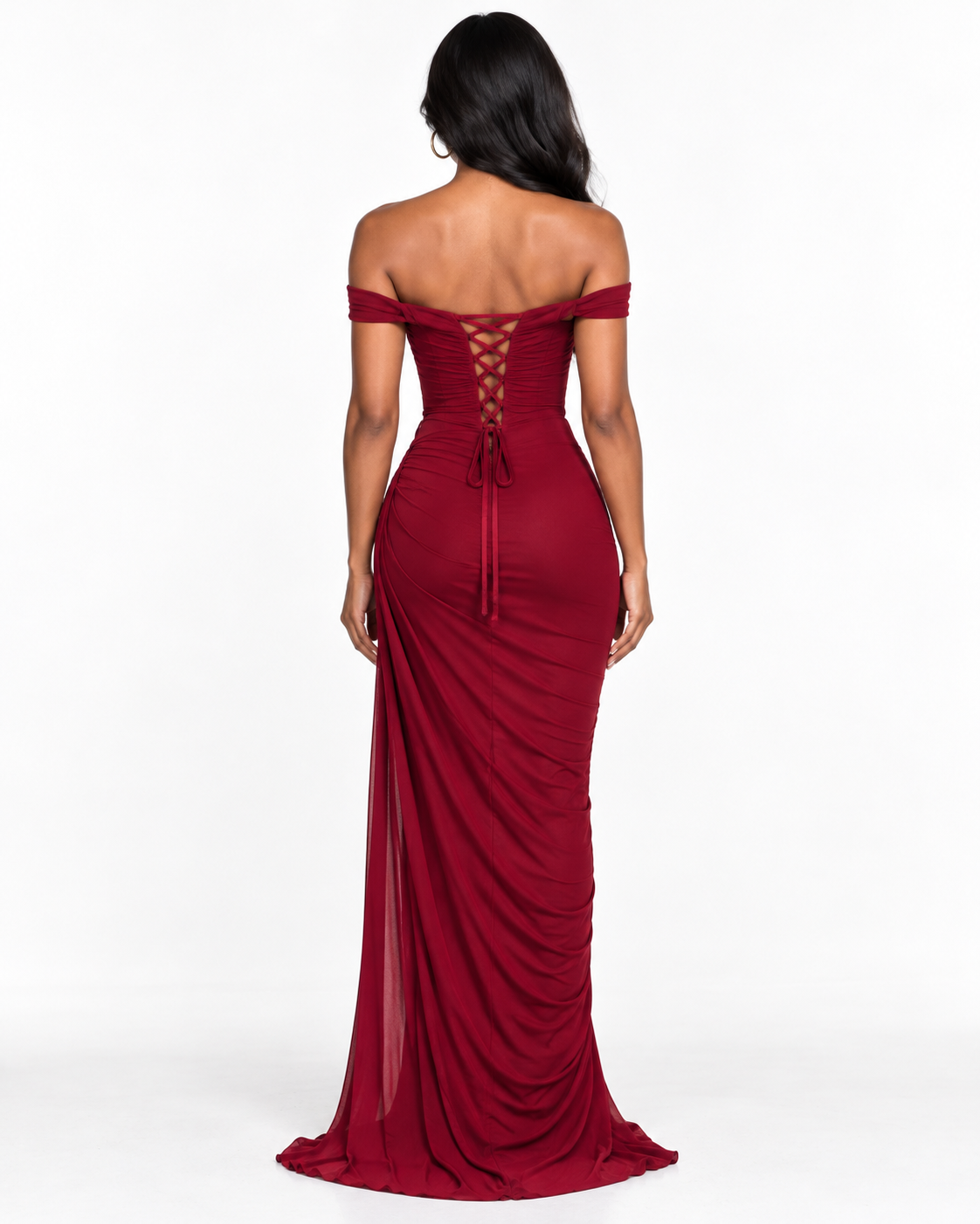Off-the-Shoulder Draped Neckline Ruched Gown