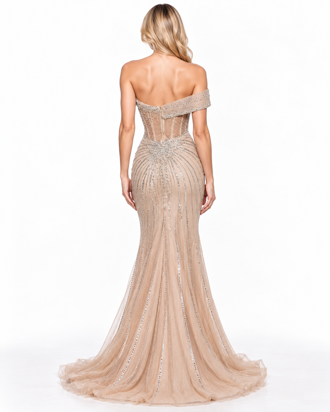One Shoulder Beaded Gown with Slit
