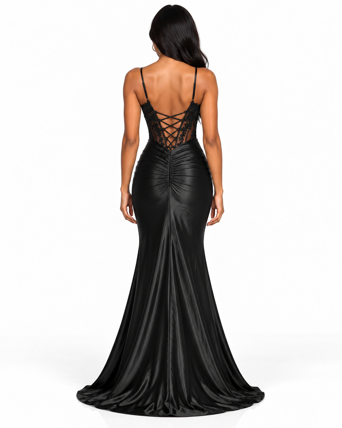 Embellished Sheer Corset Bodice Lace-Up Back Gown