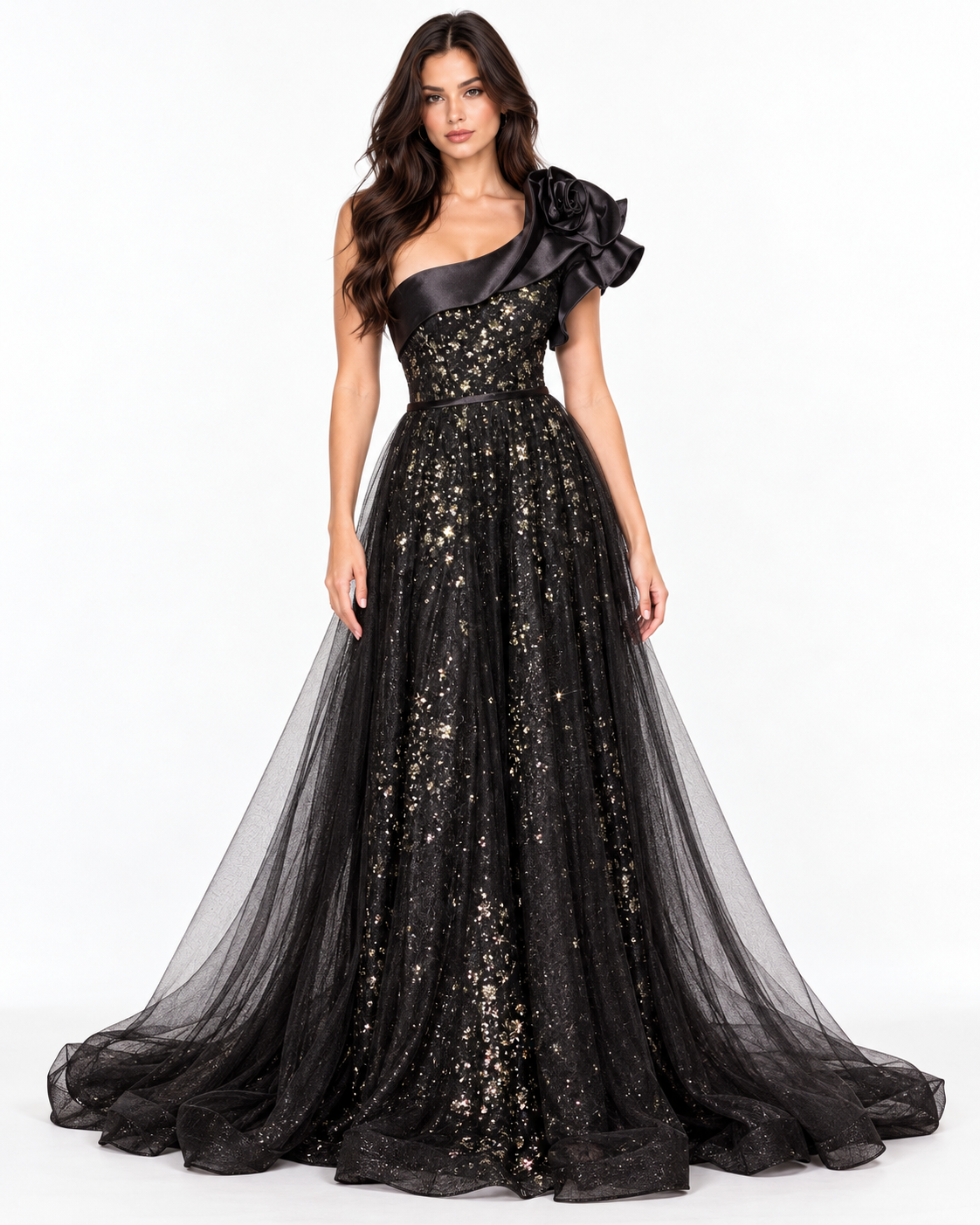One Shoulder Black Ball Gown