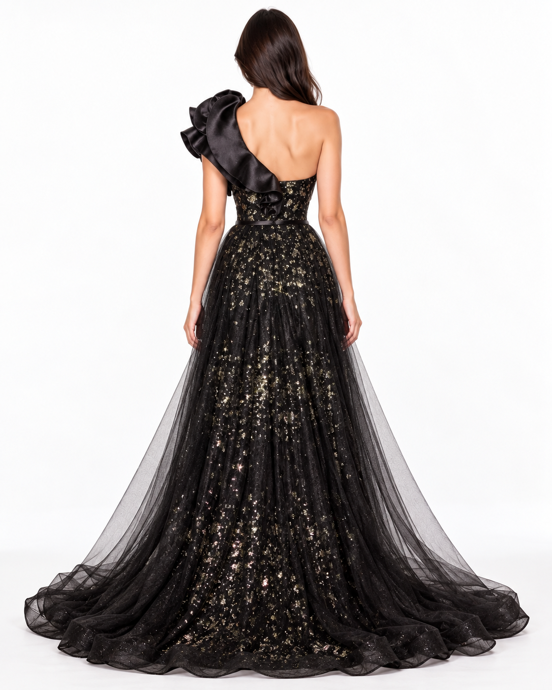 One Shoulder Black Ball Gown