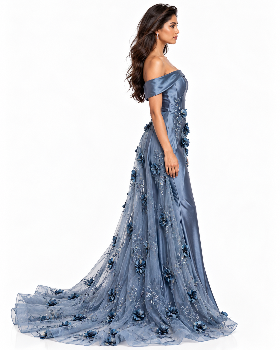 Embellished Satin Fitted Gown with Tulle Overskirt