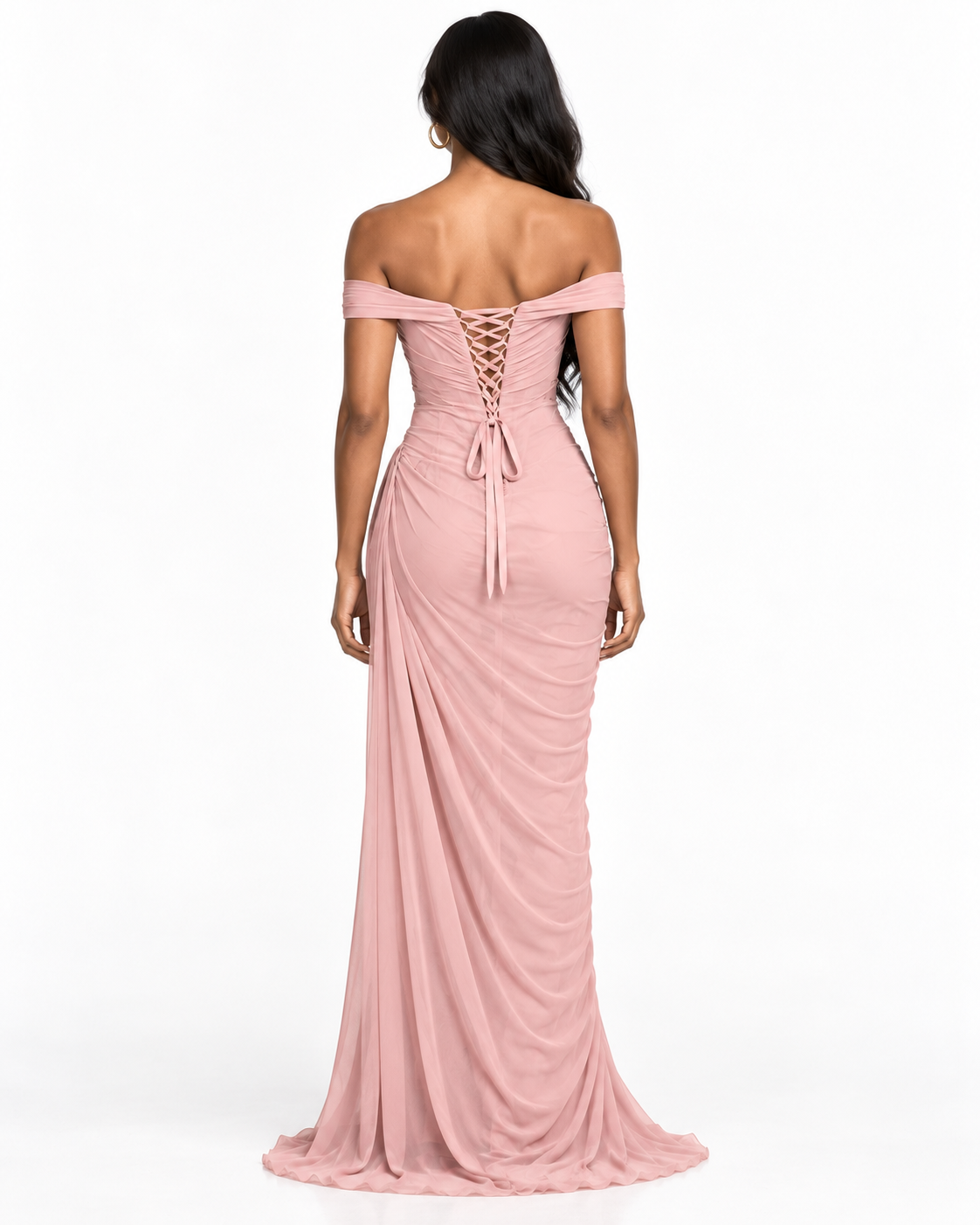Off-the-Shoulder Draped Neckline Ruched Gown
