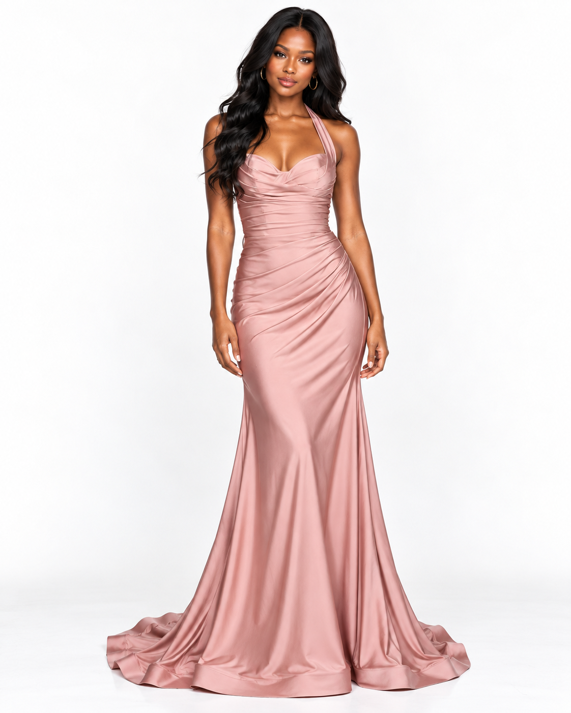 Stretch Satin Halter Fitted Dress