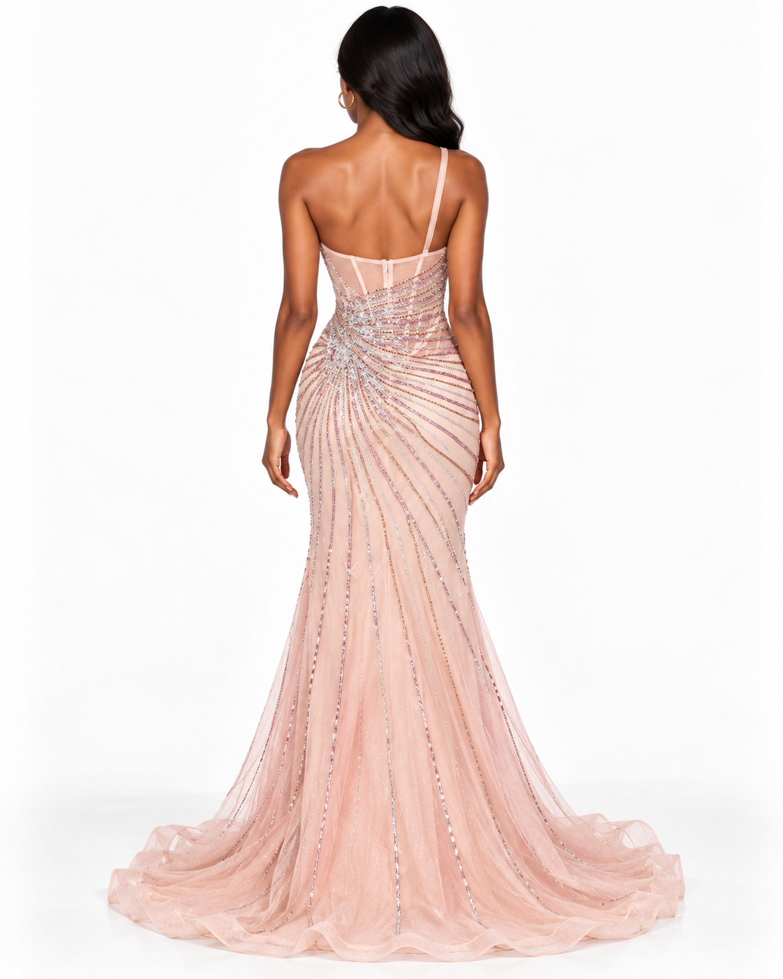 One Shoulder Crystal Fitted Gown with Leg Slit