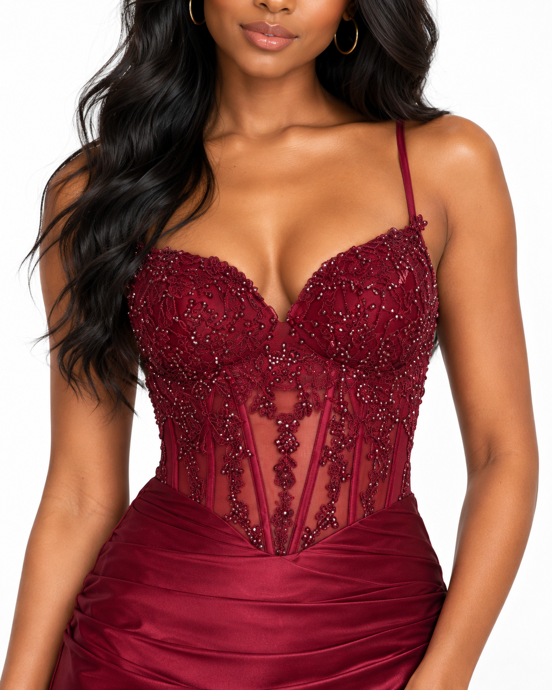 Embellished Sheer Corset Bodice Lace-Up Back Gown