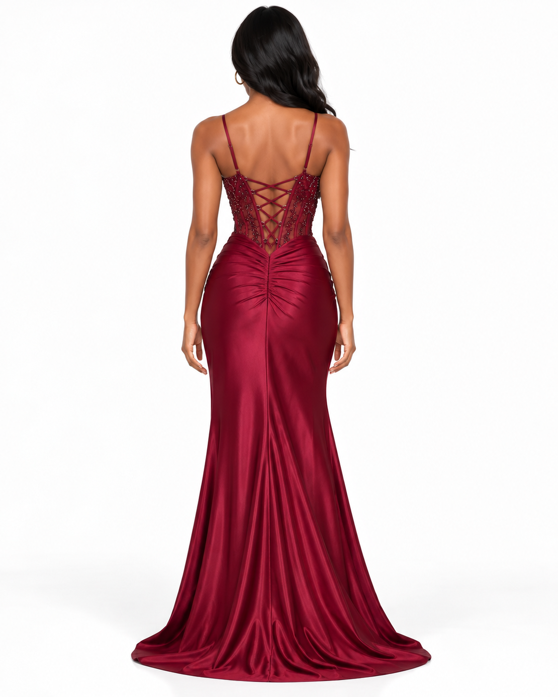 Embellished Sheer Corset Bodice Lace-Up Back Gown