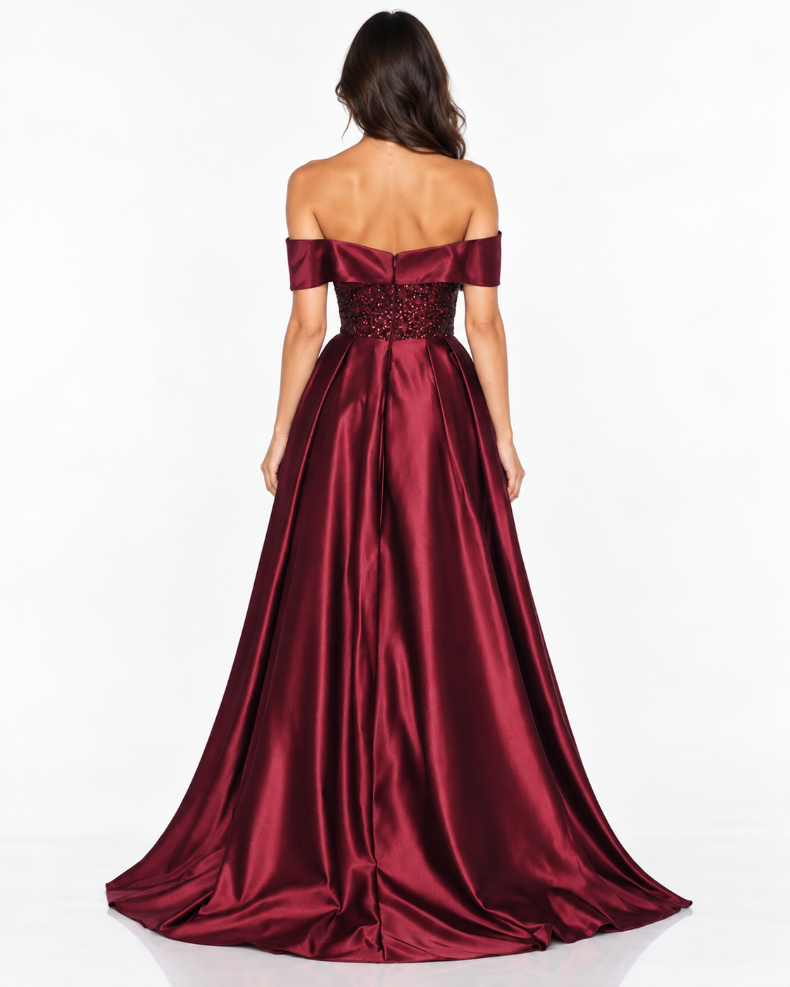 Off Shoulder Satin & Sequin Ball Gown with Leg Slit