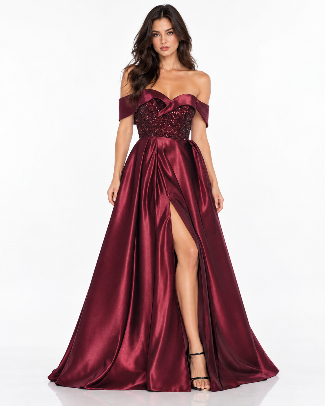 Off Shoulder Satin & Sequin Ball Gown with Leg Slit