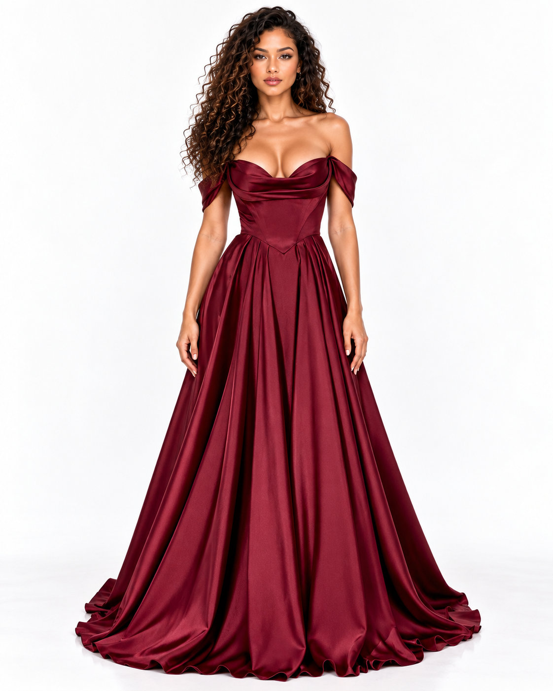 Off-the-Shoulder Pleated Satin A-Line Gown