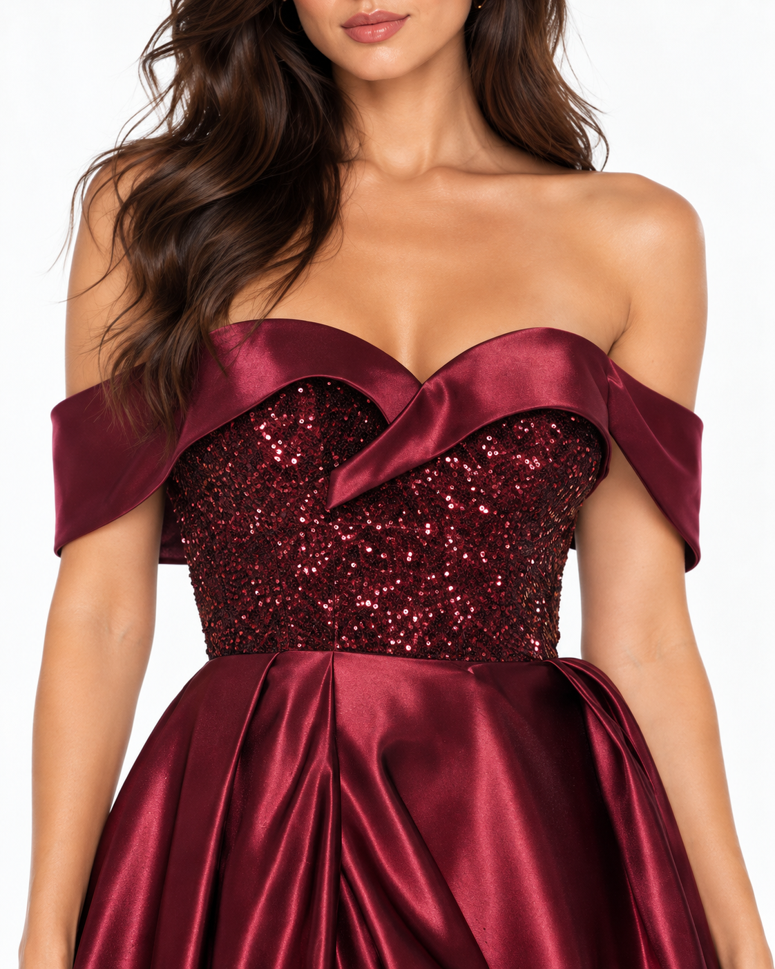 Off Shoulder Satin & Sequin Ball Gown with Leg Slit
