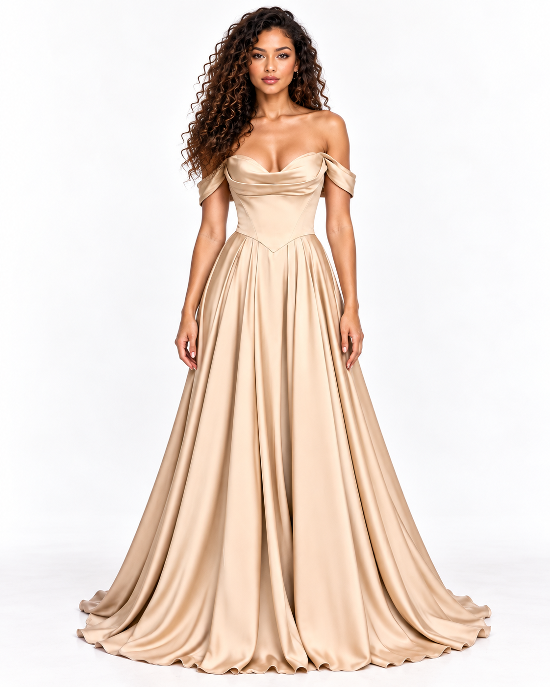 Off-the-Shoulder Pleated Satin A-Line Gown