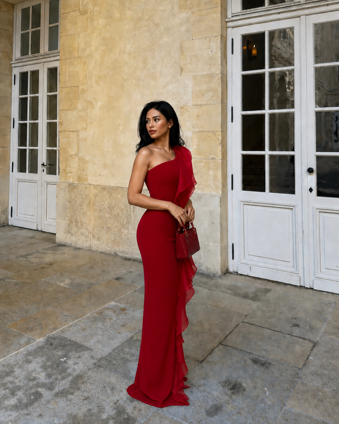 One Shoulder Ruffle Maxi Column Dress