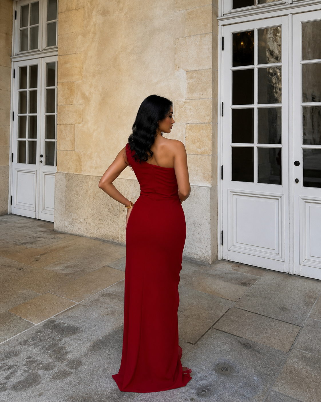 One Shoulder Ruffle Maxi Column Dress