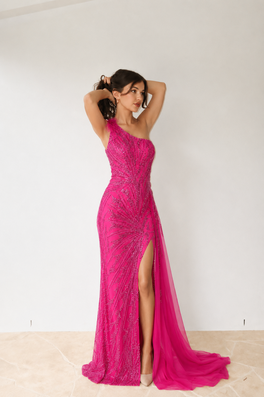 One Shoulder Embellished Maxi Tulle Mermaid Dress