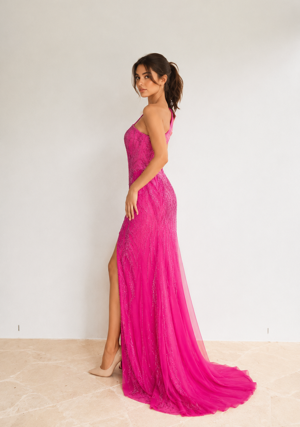 One Shoulder Embellished Maxi Tulle Mermaid Dress
