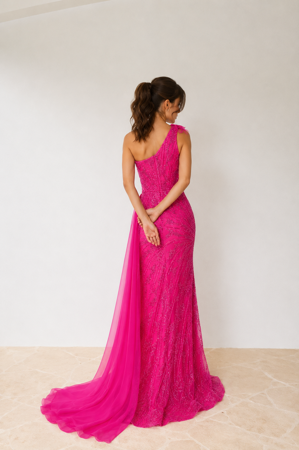 One Shoulder Embellished Maxi Tulle Mermaid Dress