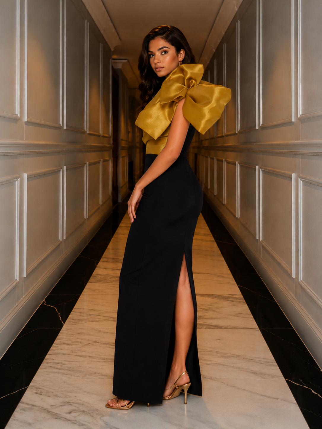 One Shoulder Exaggerated Bow Maxi Column Dress