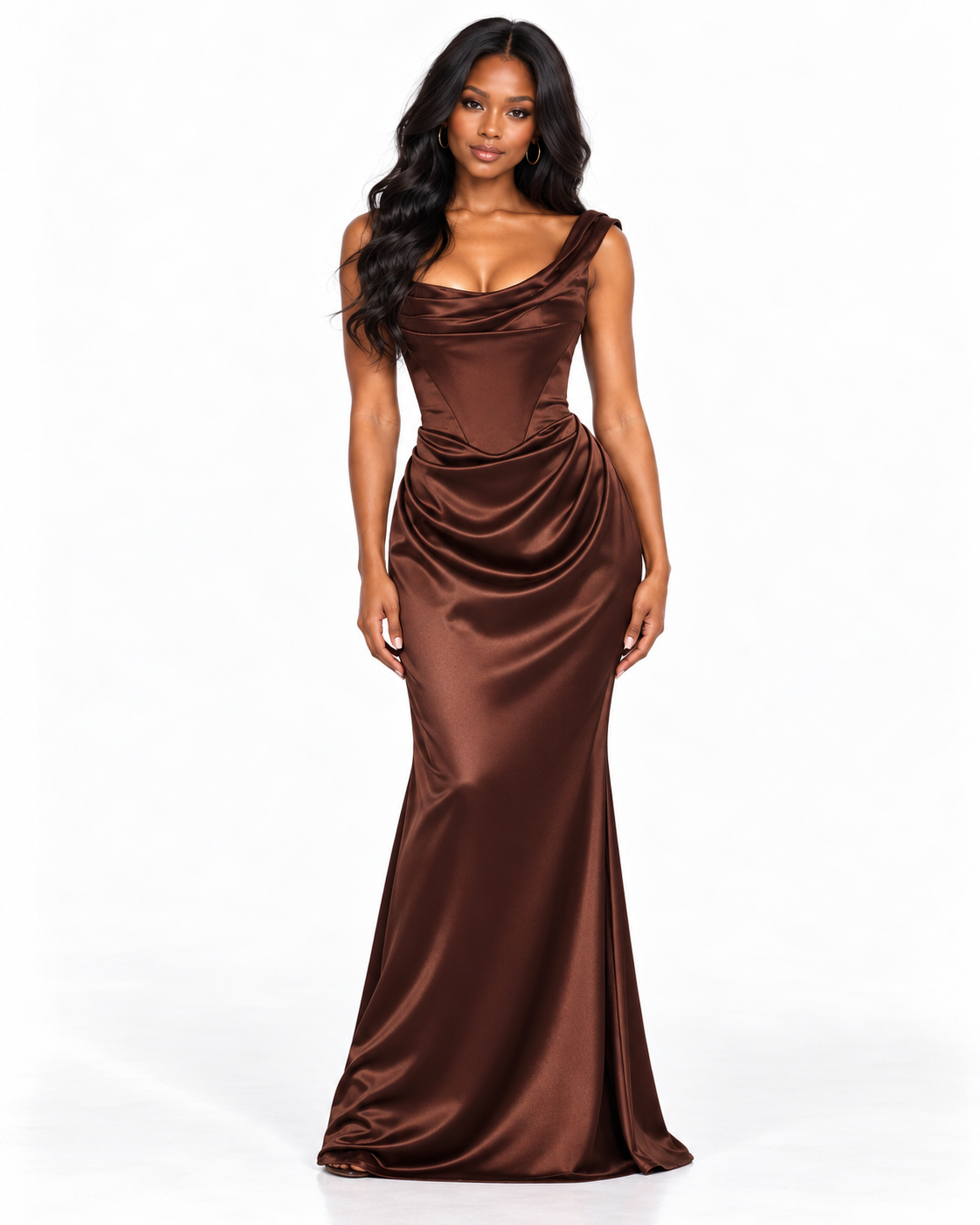 One Shoulder Draped Neckline with Ruched Waist Detailing