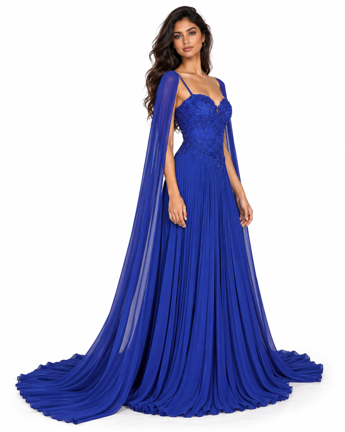 Pleated A-Line Gown with Cape Sleeves