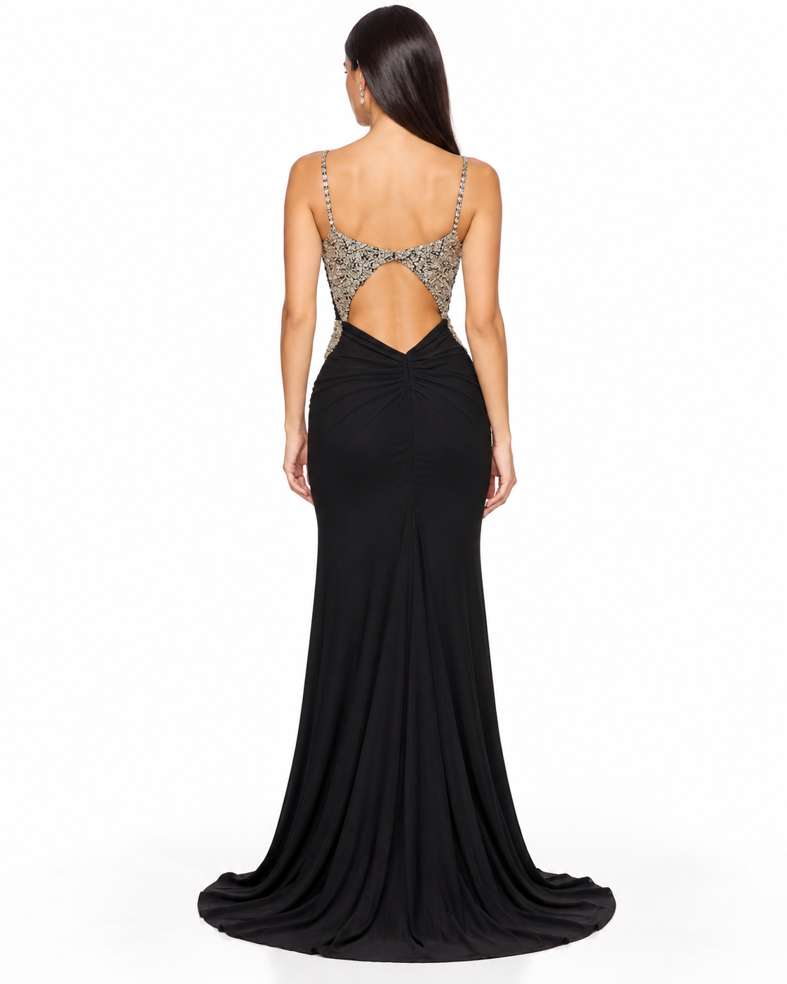 Fitted Stretch Net Gown with Beaded Bodice and Leg Slit