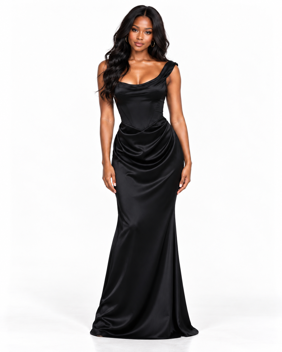 One Shoulder Draped Neckline with Ruched Waist Detailing
