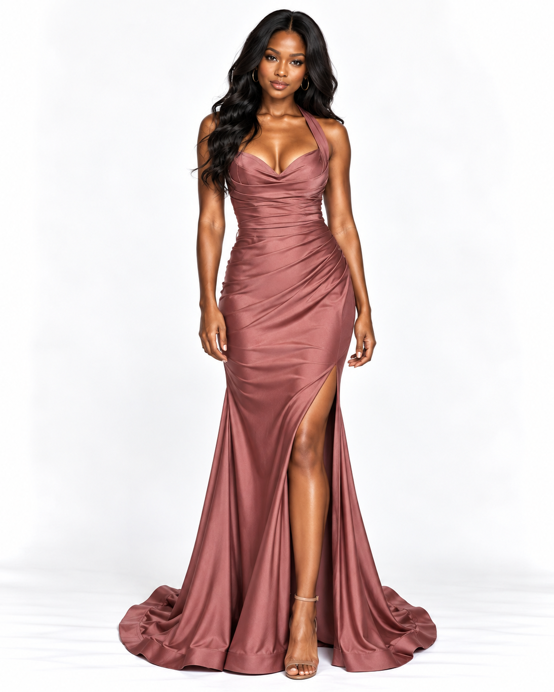 Stretch Satin Halter Fitted Dress