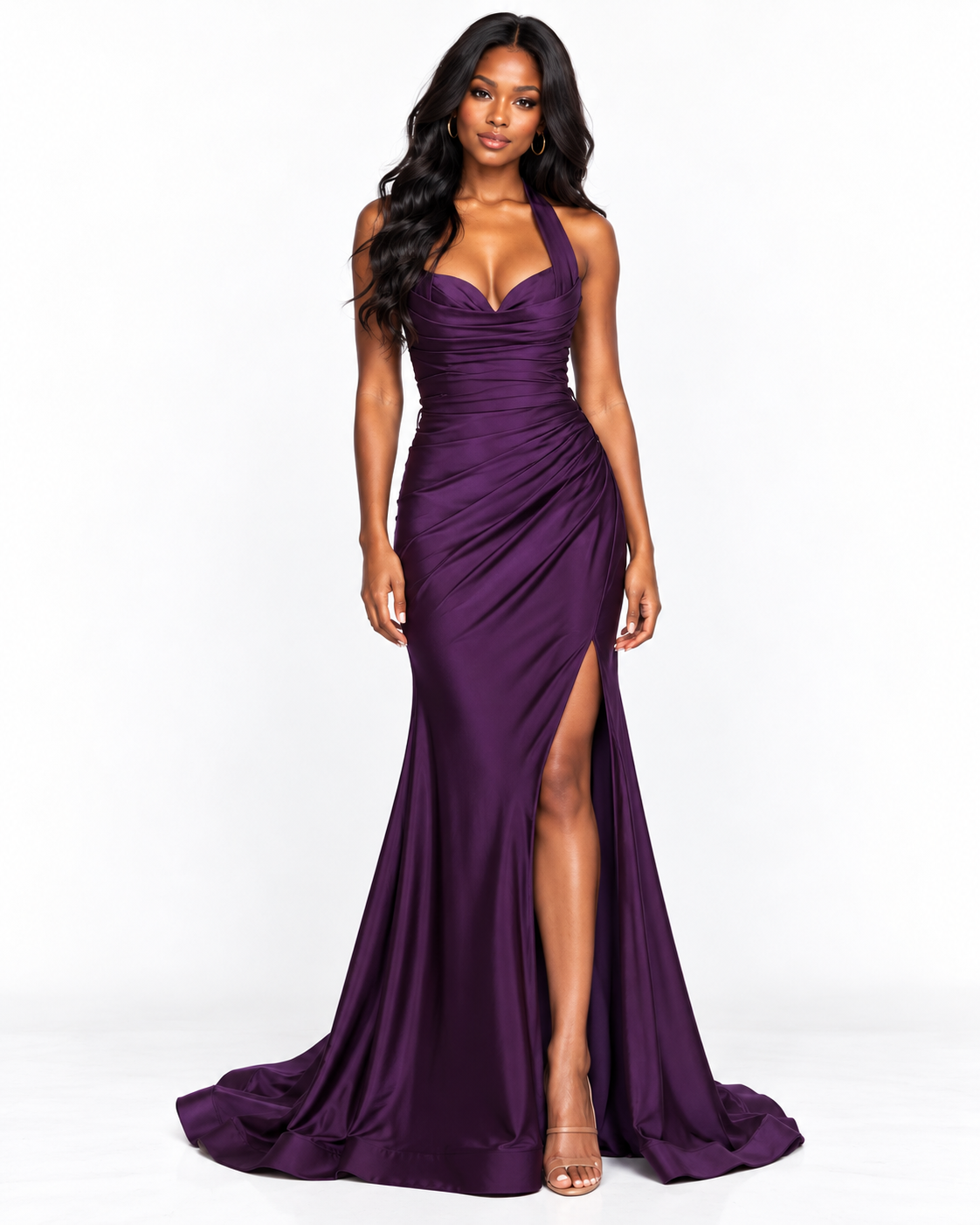 Stretch Satin Halter Fitted Dress