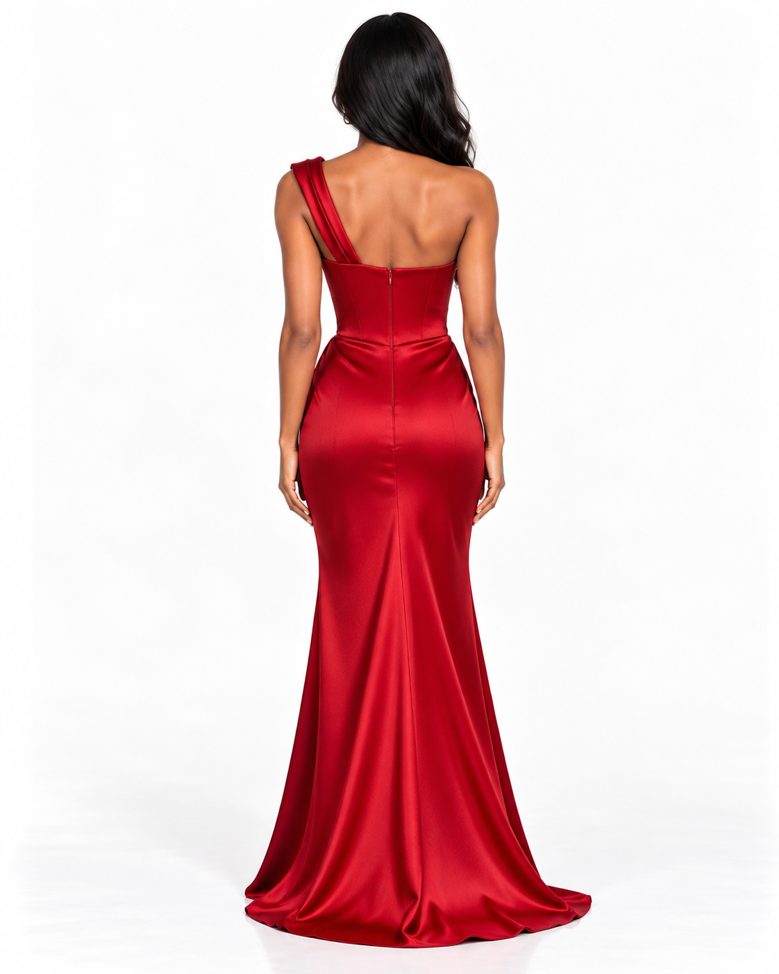 One Shoulder Draped Neckline with Ruched Waist Detailing
