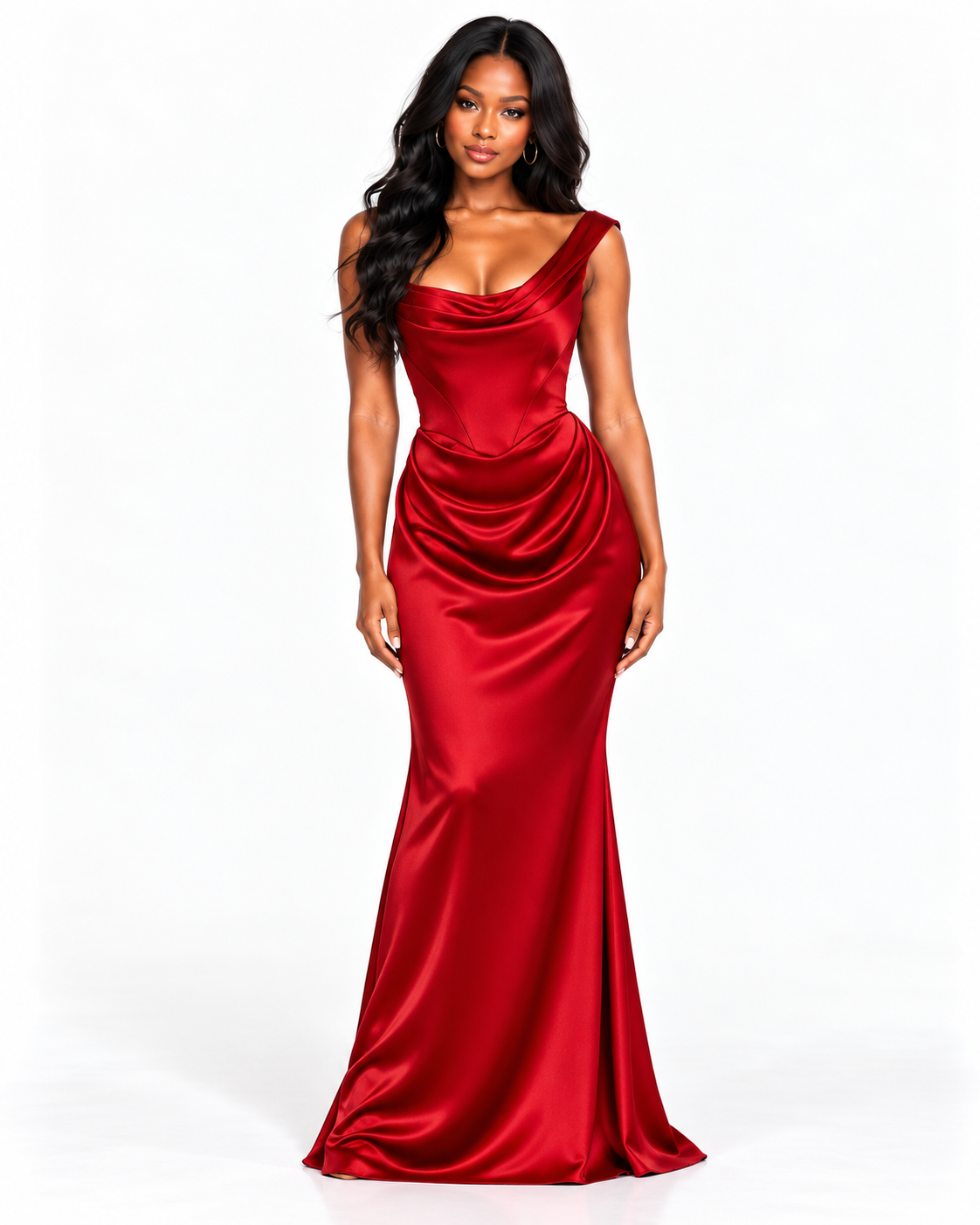 One Shoulder Draped Neckline with Ruched Waist Detailing