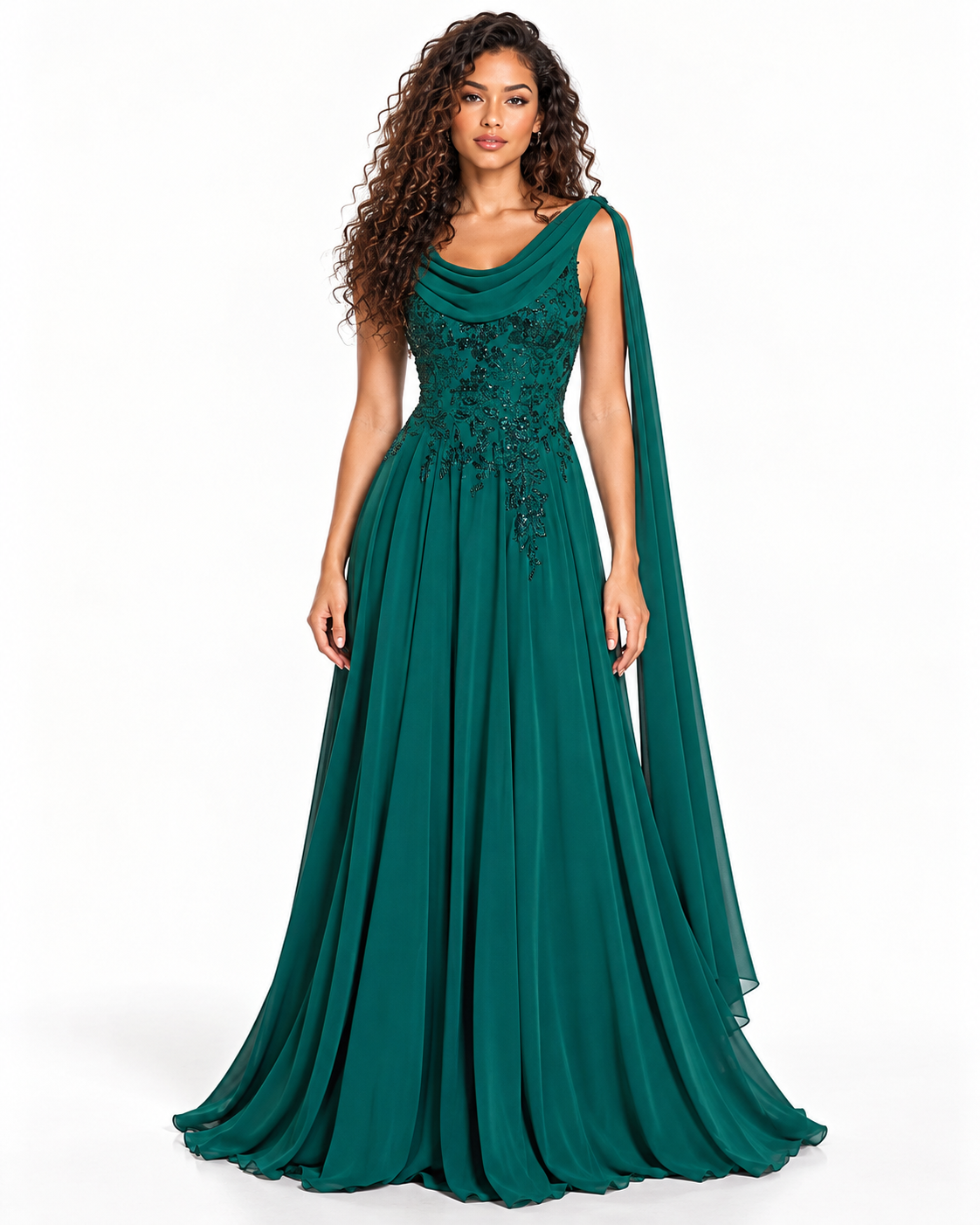 Long Cape Sleeves Chiffon A-Line Gown