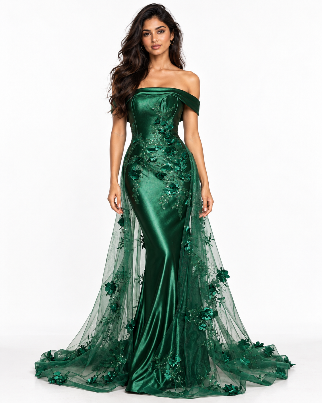 Embellished Satin Fitted Gown with Tulle Overskirt