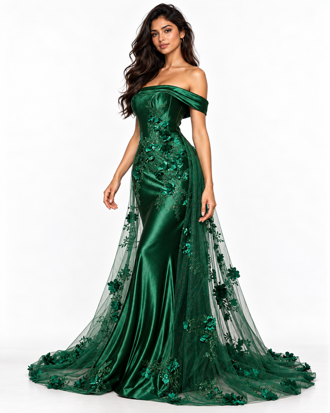 Embellished Satin Fitted Gown with Tulle Overskirt
