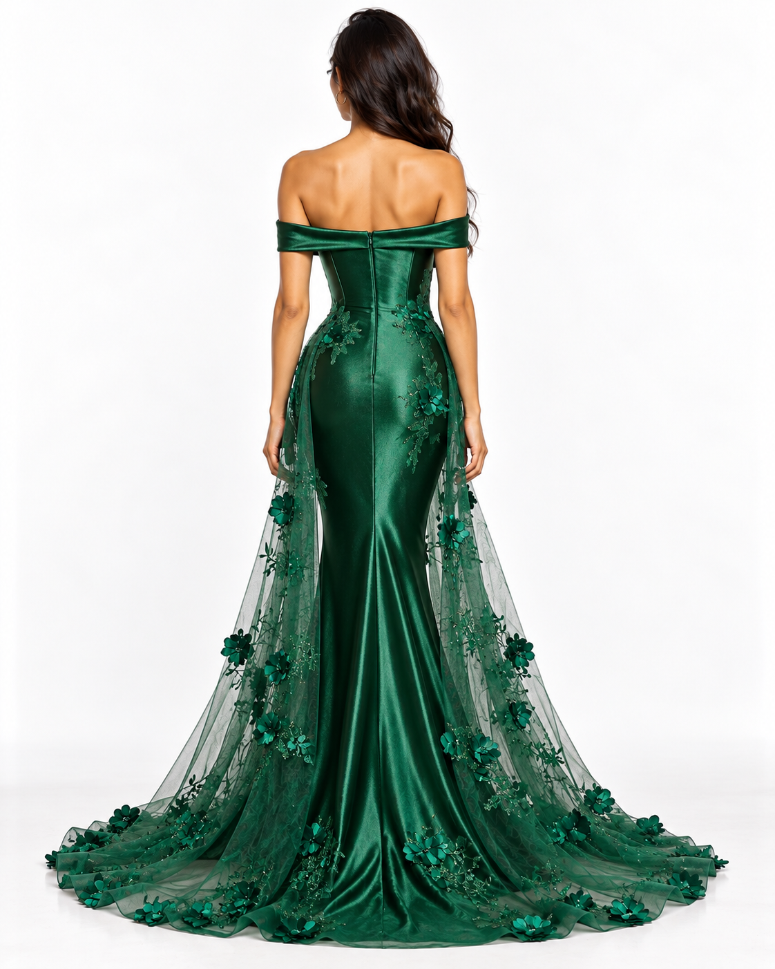 Embellished Satin Fitted Gown with Tulle Overskirt