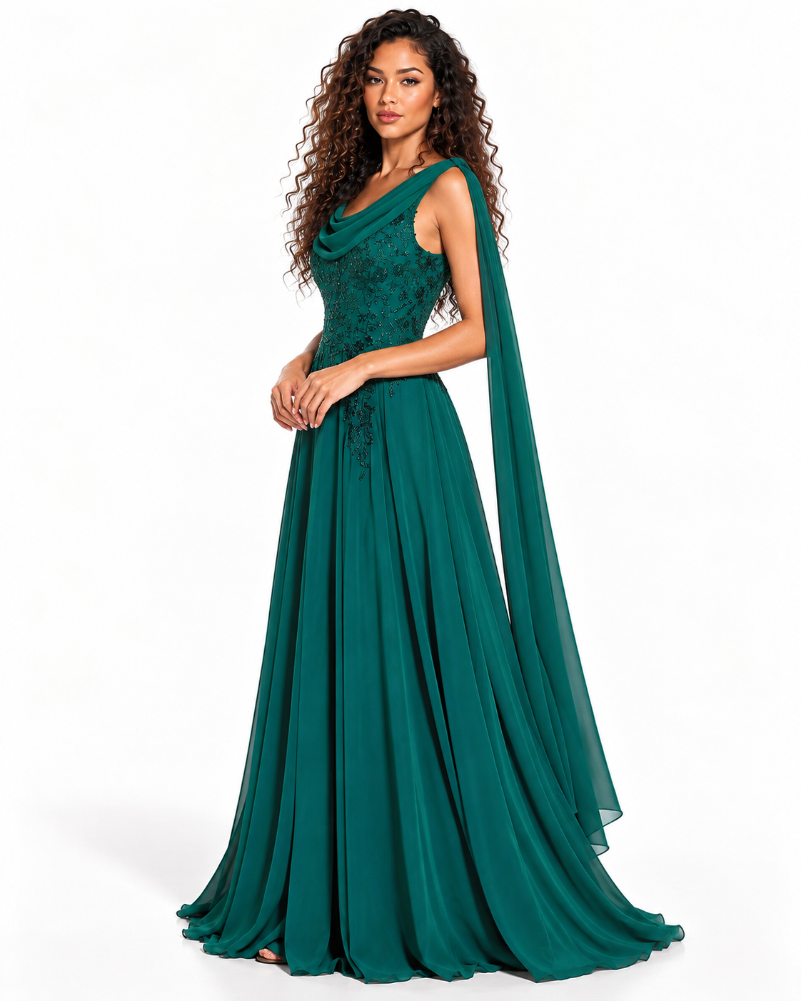 Long Cape Sleeves Chiffon A-Line Gown